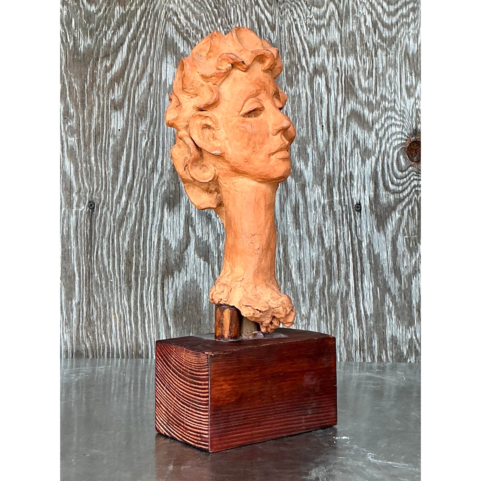 Vintage Boho Original Terracotta Bust of Woman - Side view