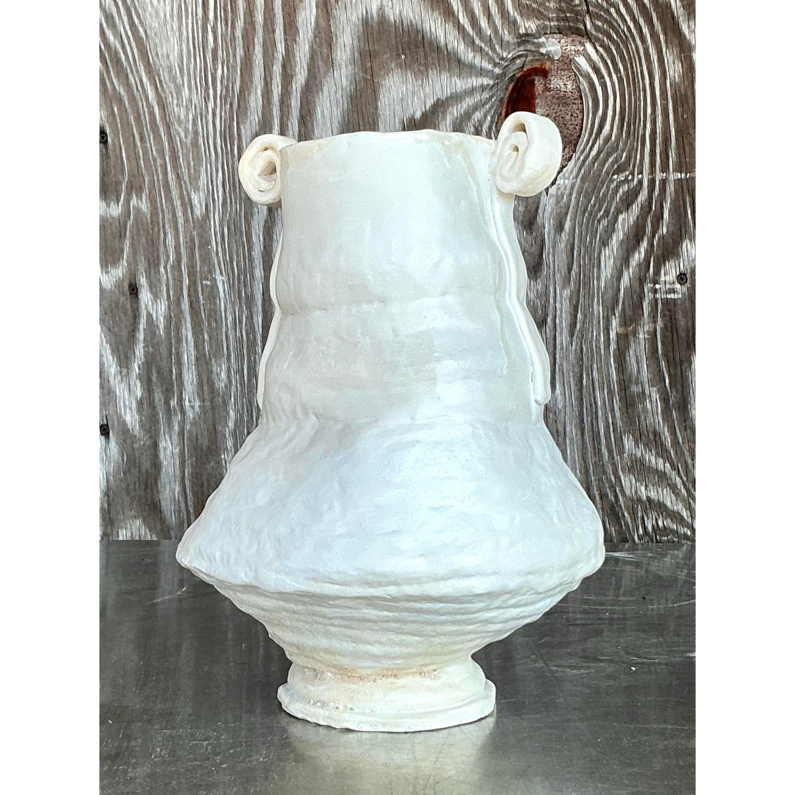 Vintage Boho Original Studio Pottery Scroll Vase - Top view