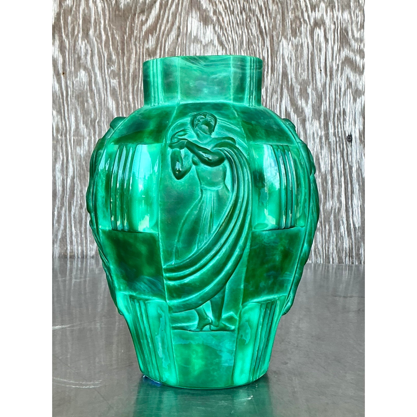 Vintage Art Deco Malachite Glass “Ingrid” Vase After Artur Pleva - Detail view
