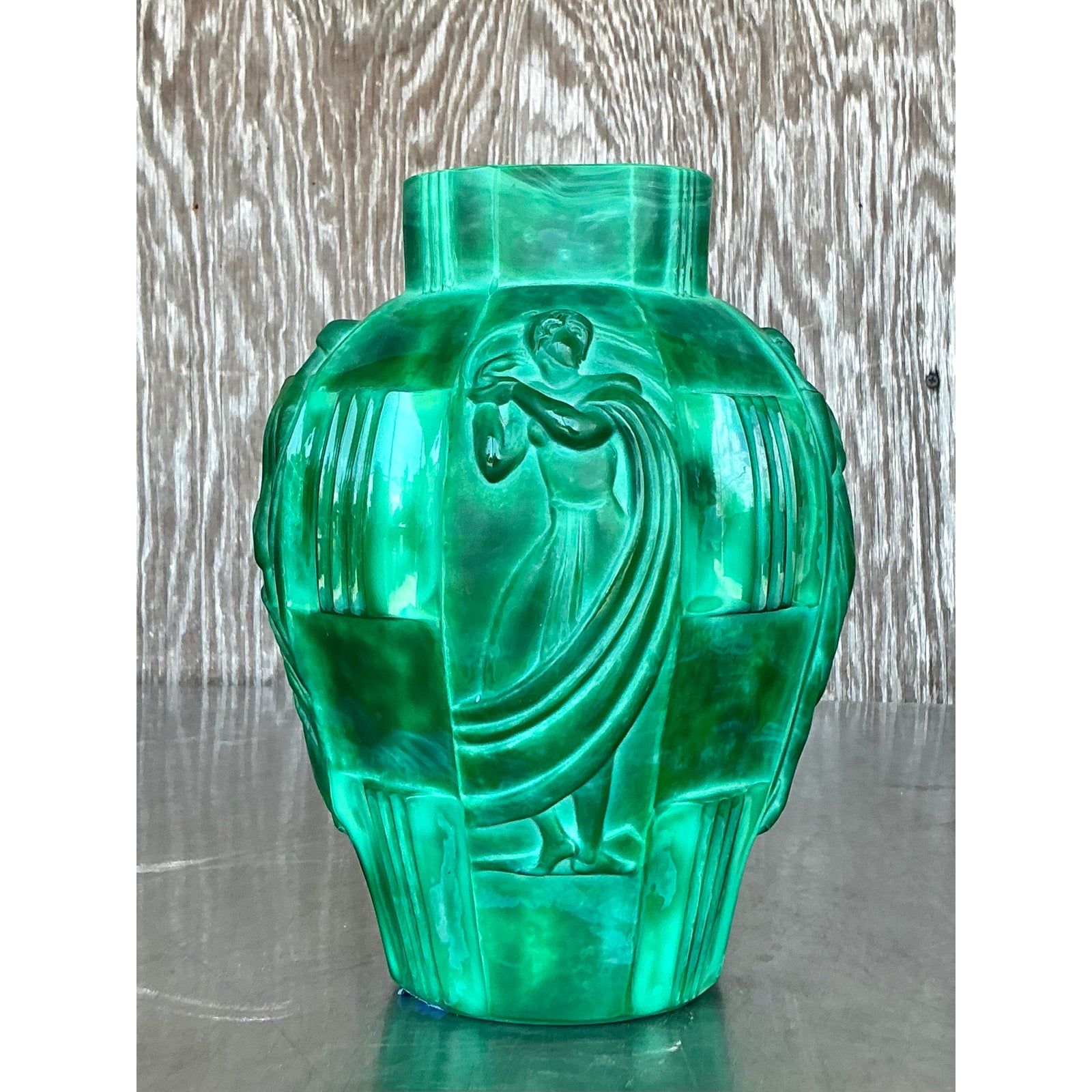 Vintage Art Deco Malachite Glass “Ingrid” Vase After Artur Pleva - Side view