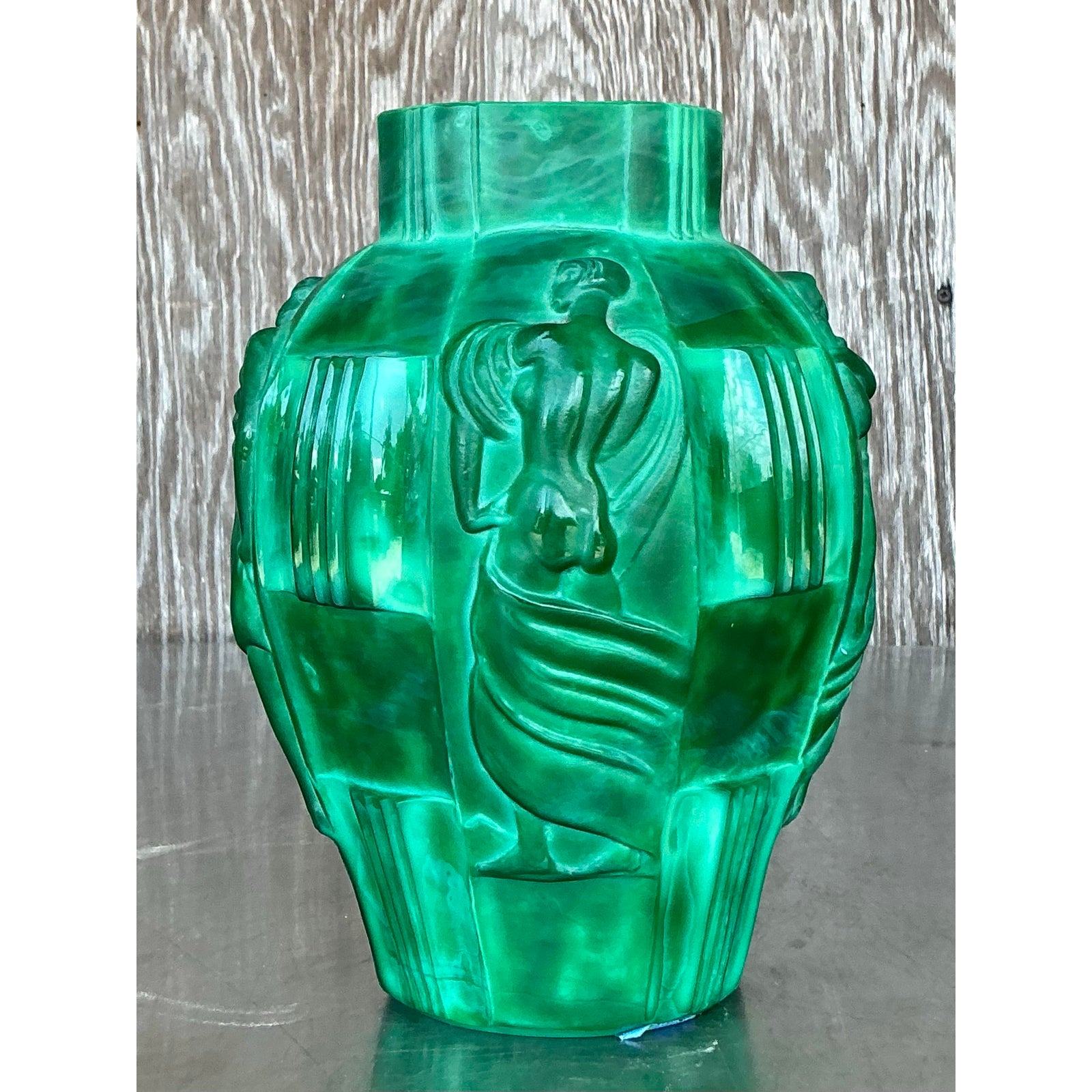 Vintage Art Deco Malachite Glass “Ingrid” Vase After Artur Pleva - Back view