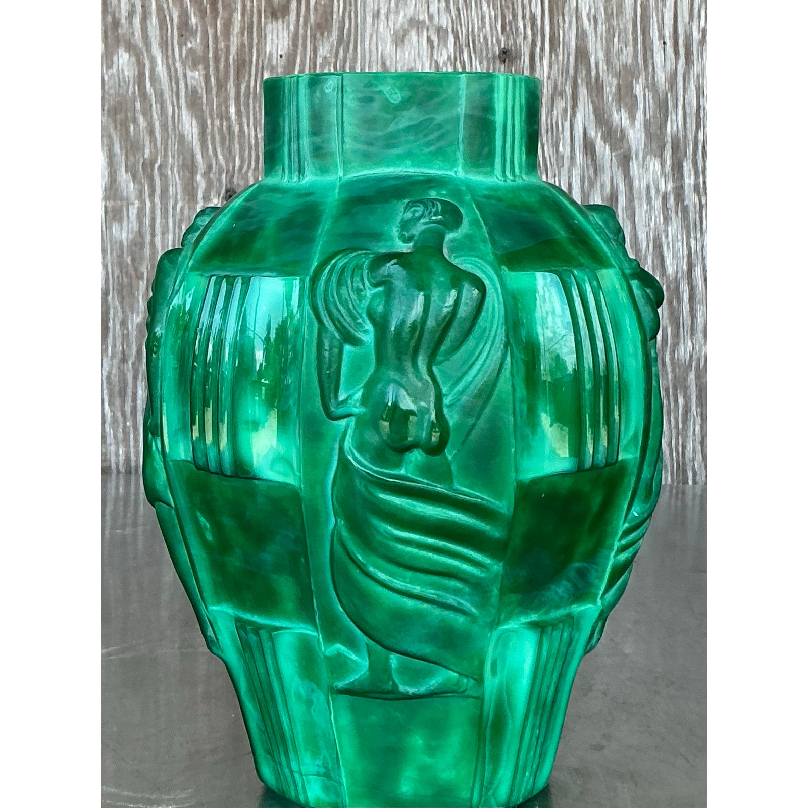 Vintage Art Deco Malachite Glass “Ingrid” Vase After Artur Pleva - Top view