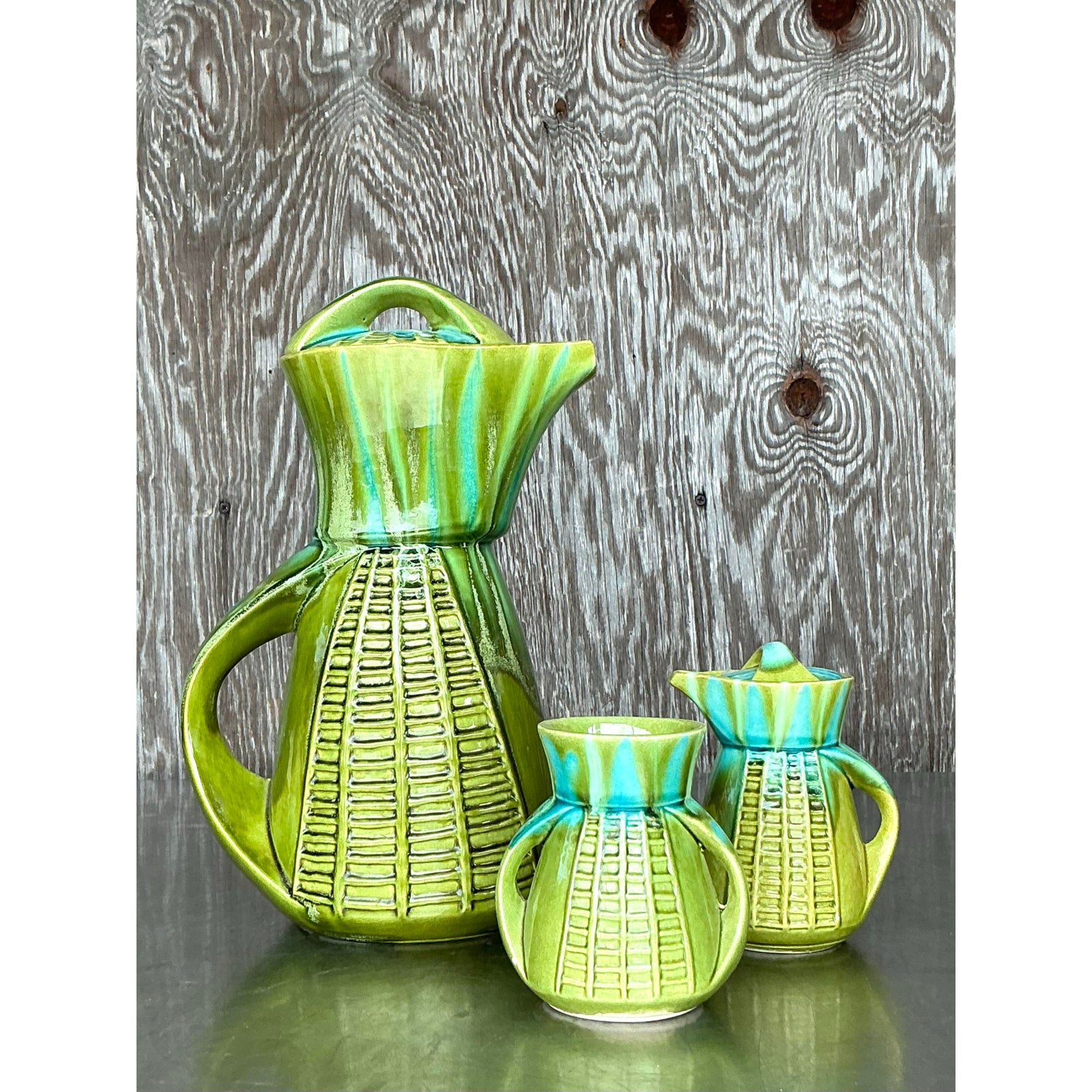 Vintage Mid-Century Modern Marcia of California Glazed Ceramic Coffee Service- 3 Pieces - Side view