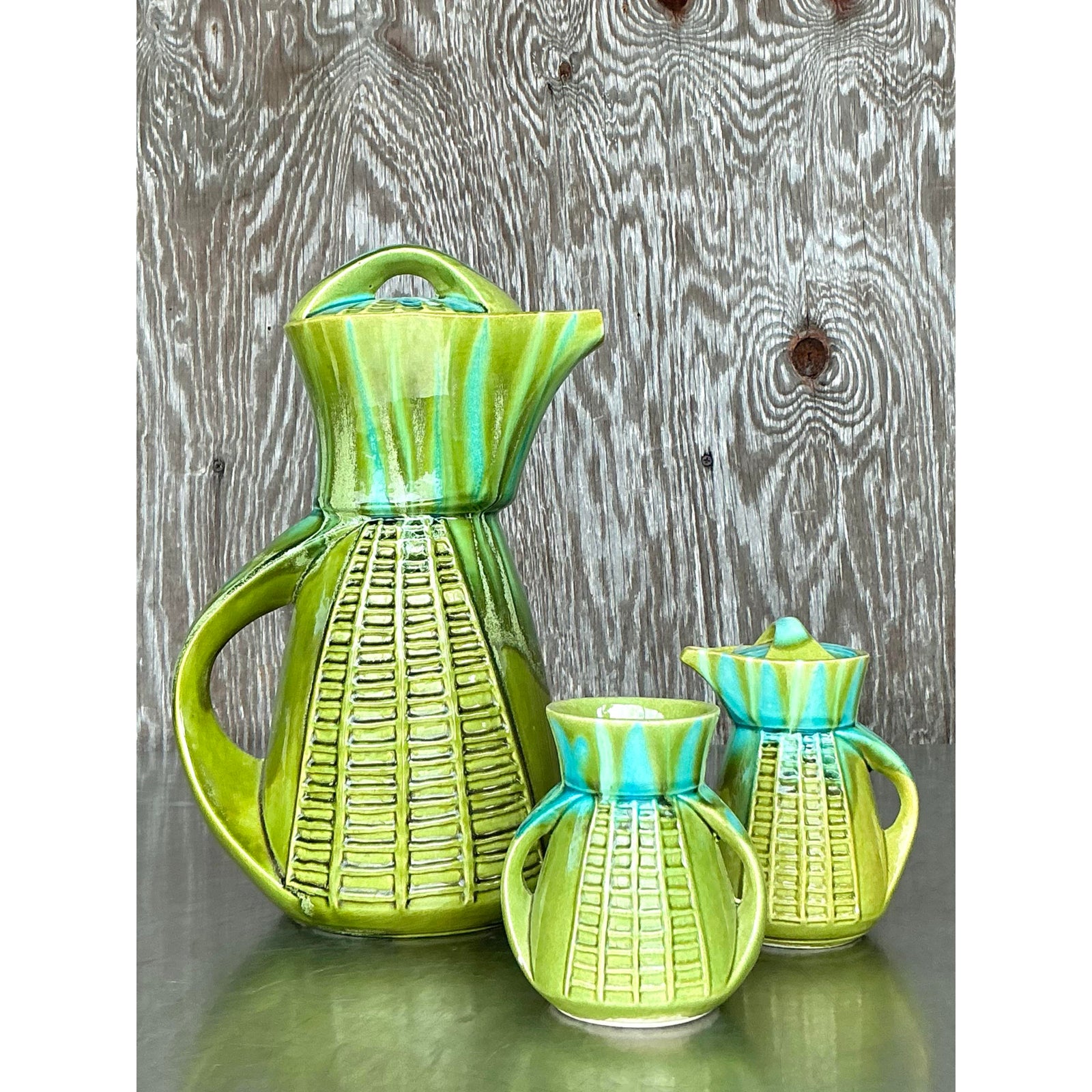 Vintage Mid-Century Modern Marcia of California Glazed Ceramic Coffee Service- 3 Pieces - Top view