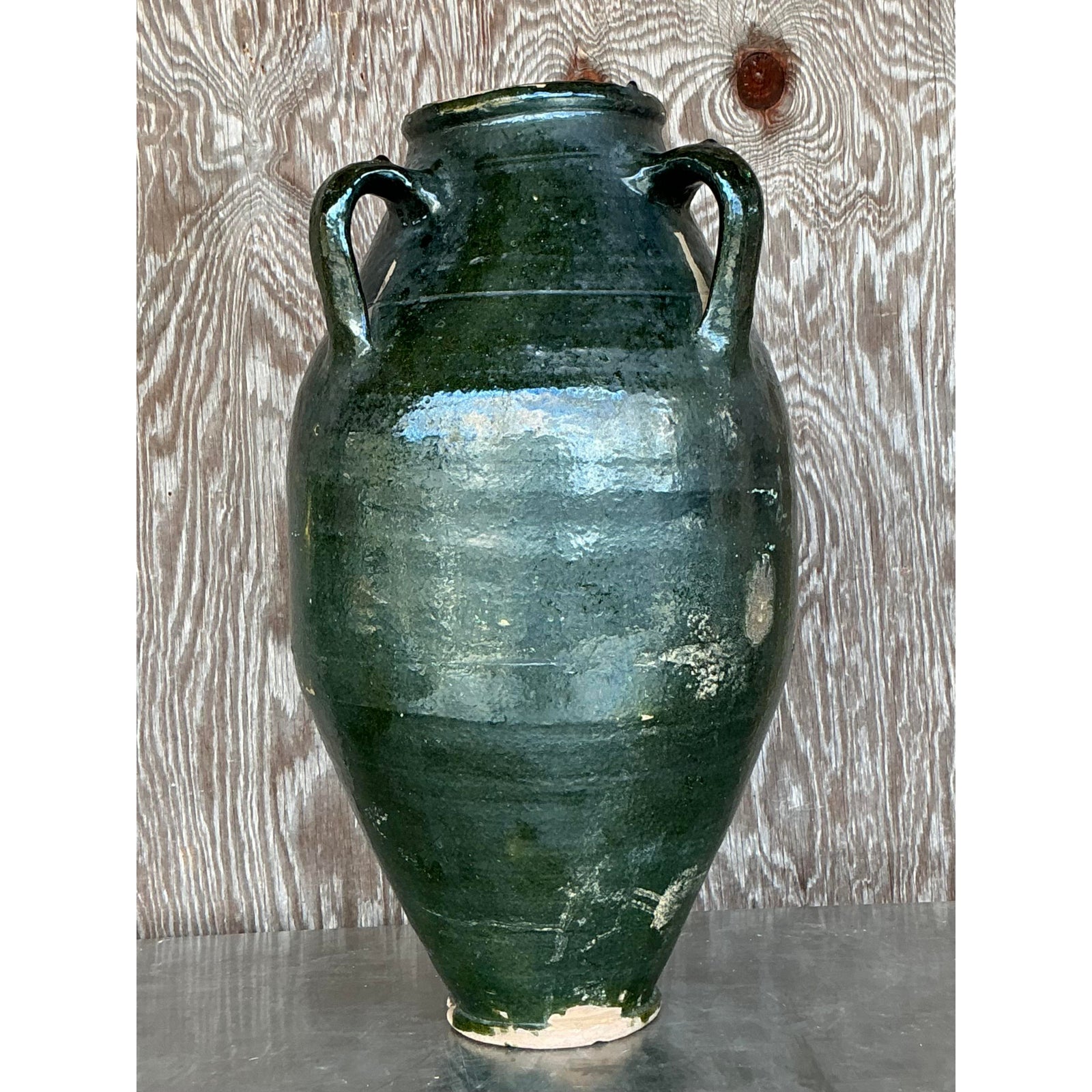 Vintage Boho Glazed Terra Cotta Urn - Detail view