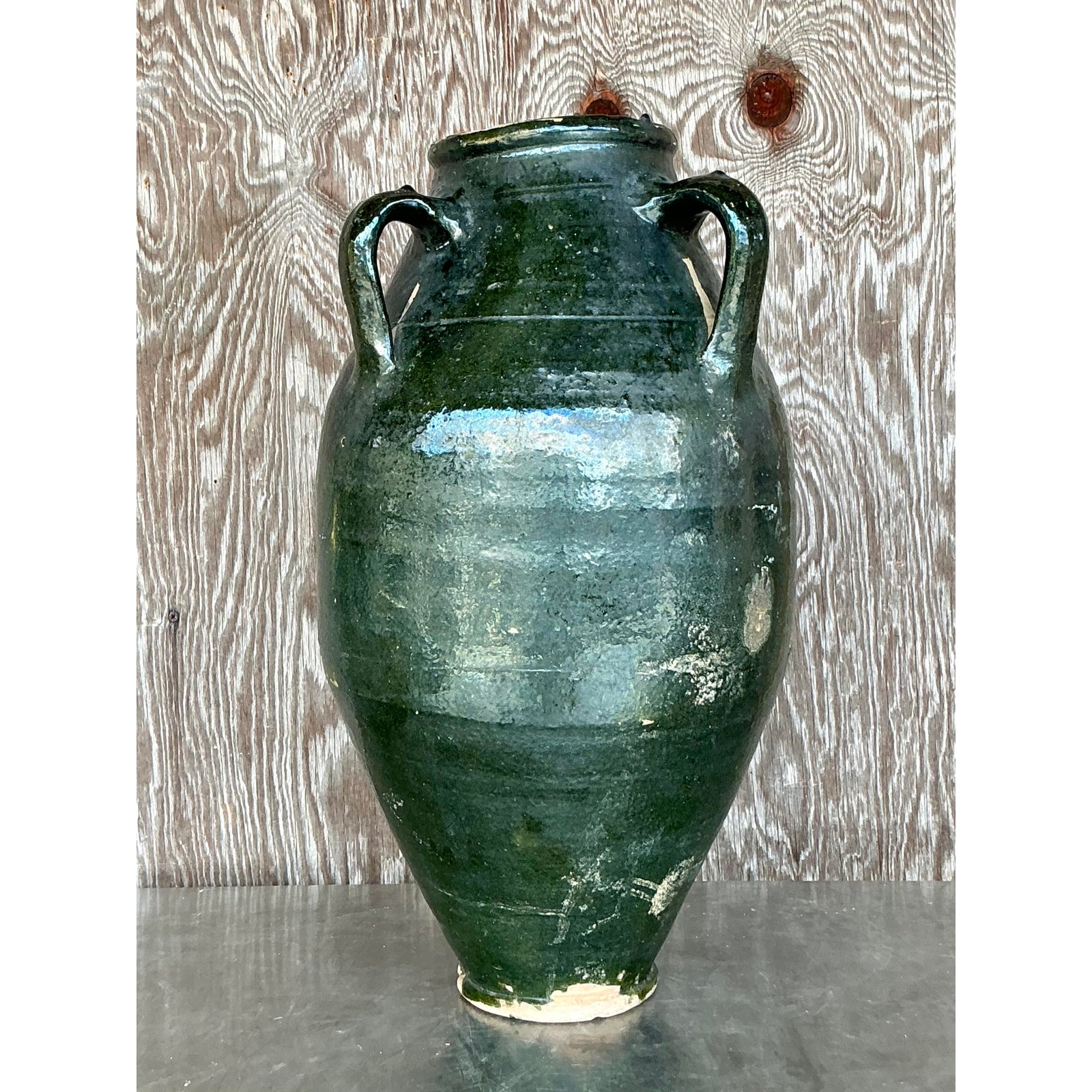 Vintage Boho Glazed Terra Cotta Urn - Side view