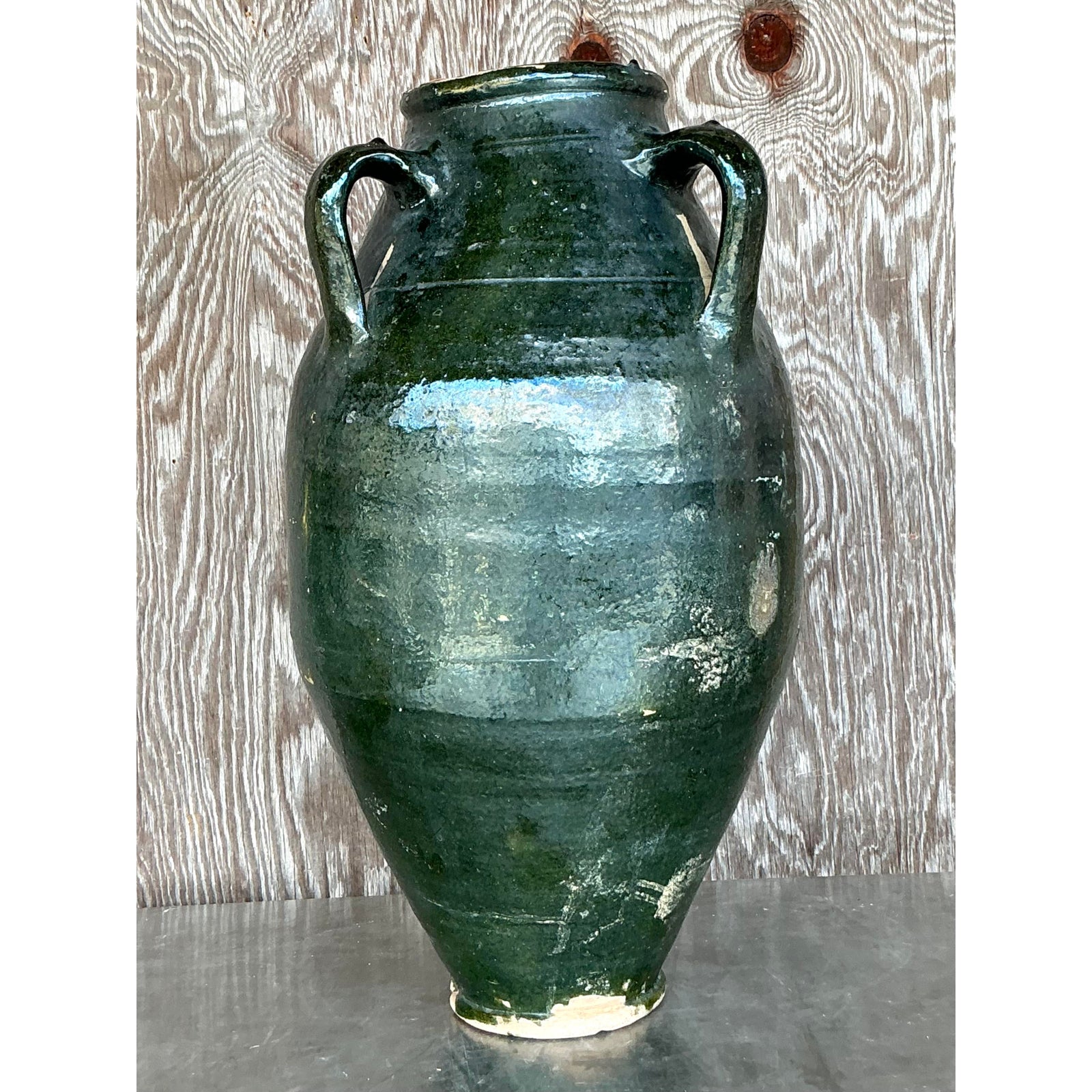 Vintage Boho Glazed Terra Cotta Urn - Back view