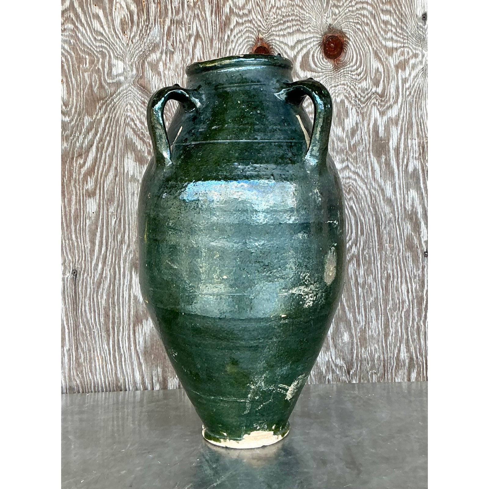 Vintage Boho Glazed Terra Cotta Urn - Top view