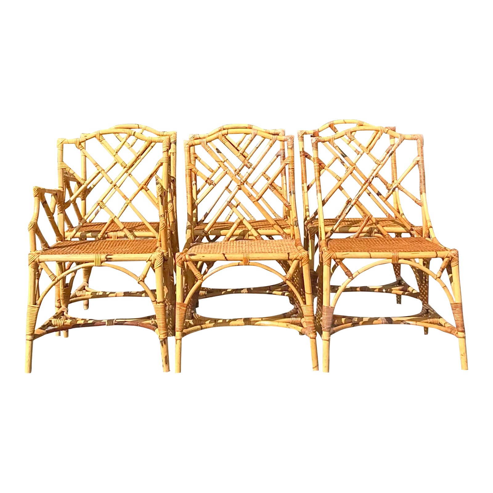 Vintage Coastal Chinese Chippendale Dining Chairs - Set of 6