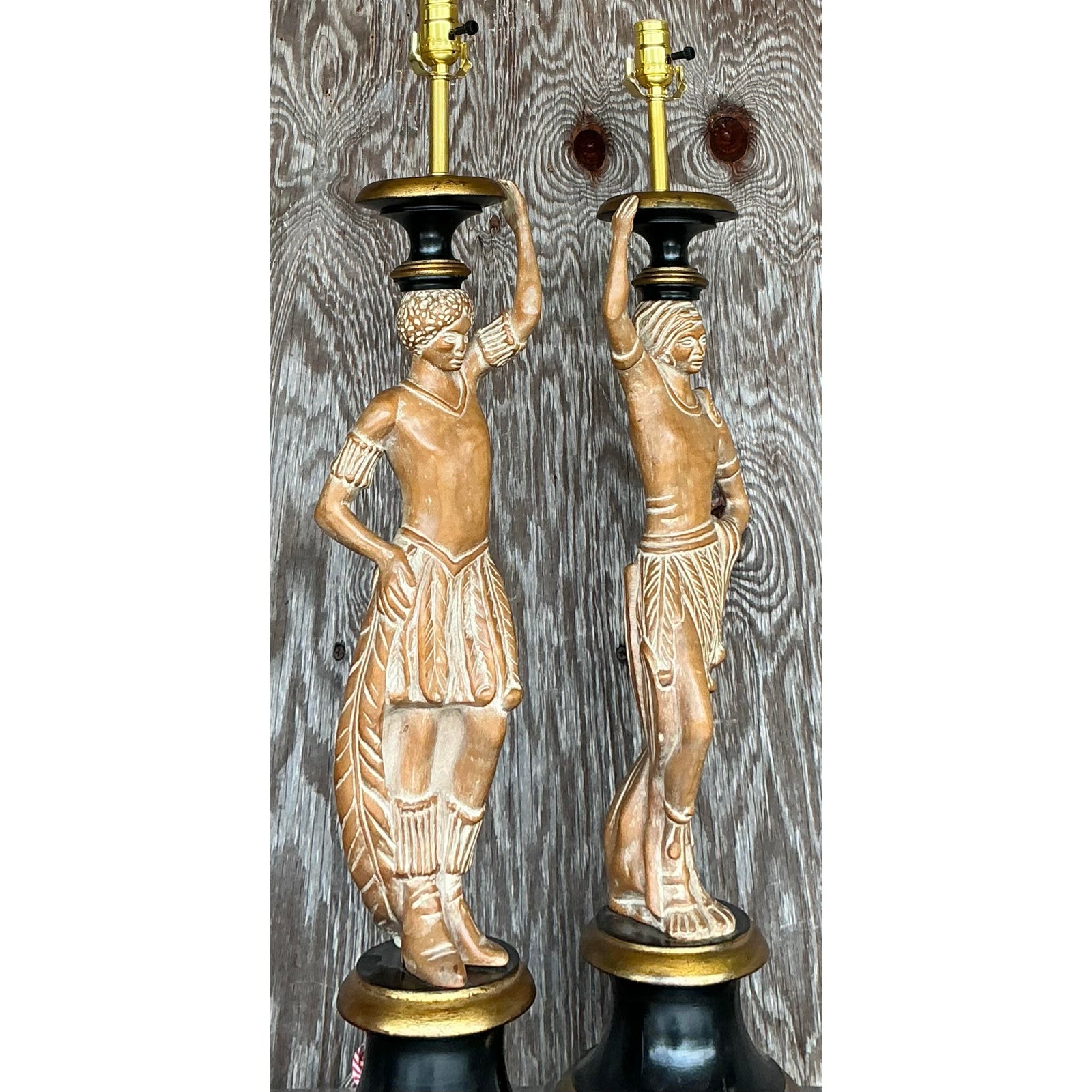 Vintage Boho Carved Figural Lamps - a Pair - Back view