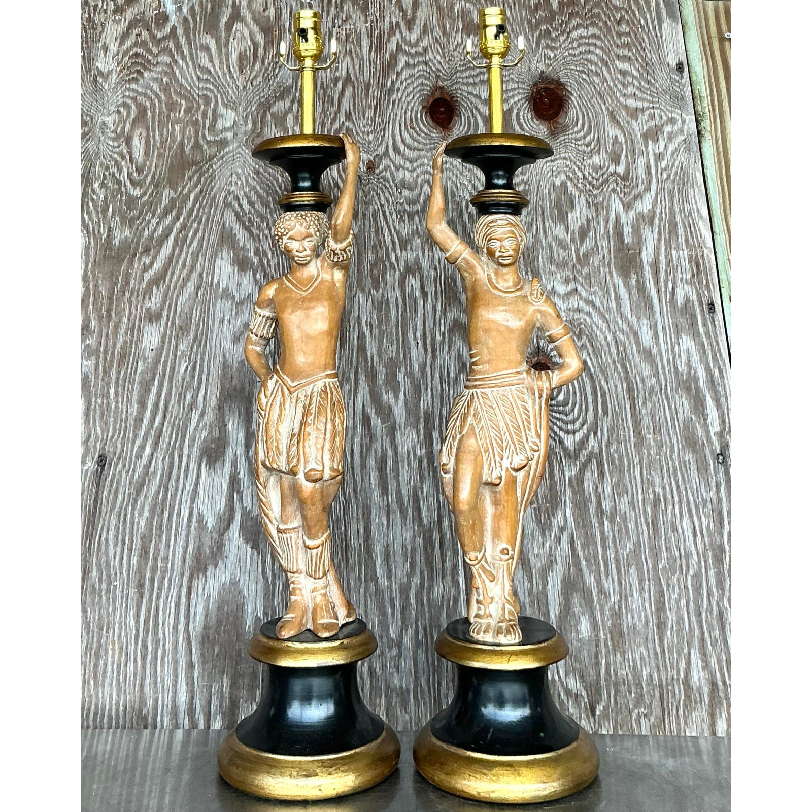 Vintage Boho Carved Figural Lamps - a Pair - Side view