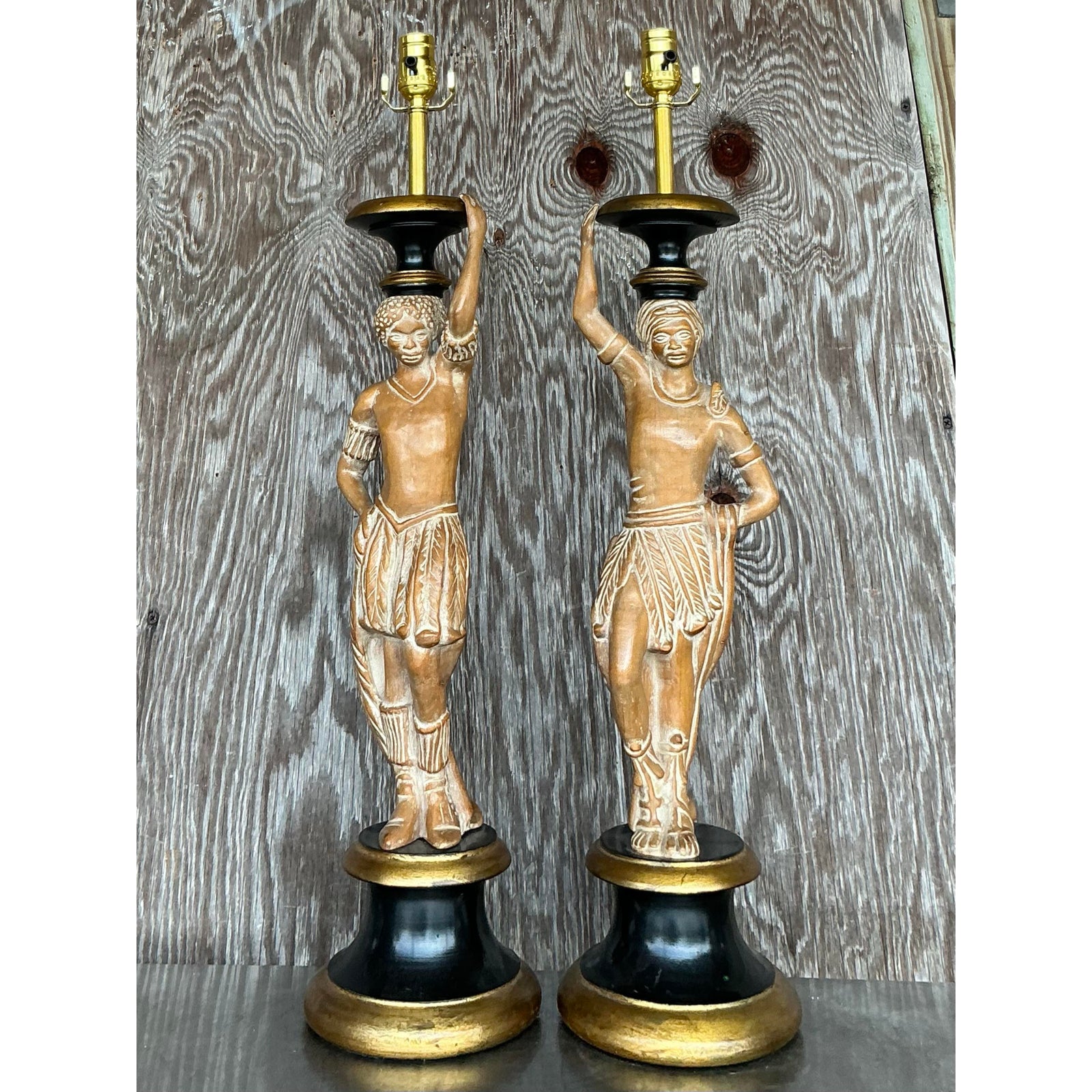 Vintage Boho Carved Figural Lamps - a Pair - Detail view