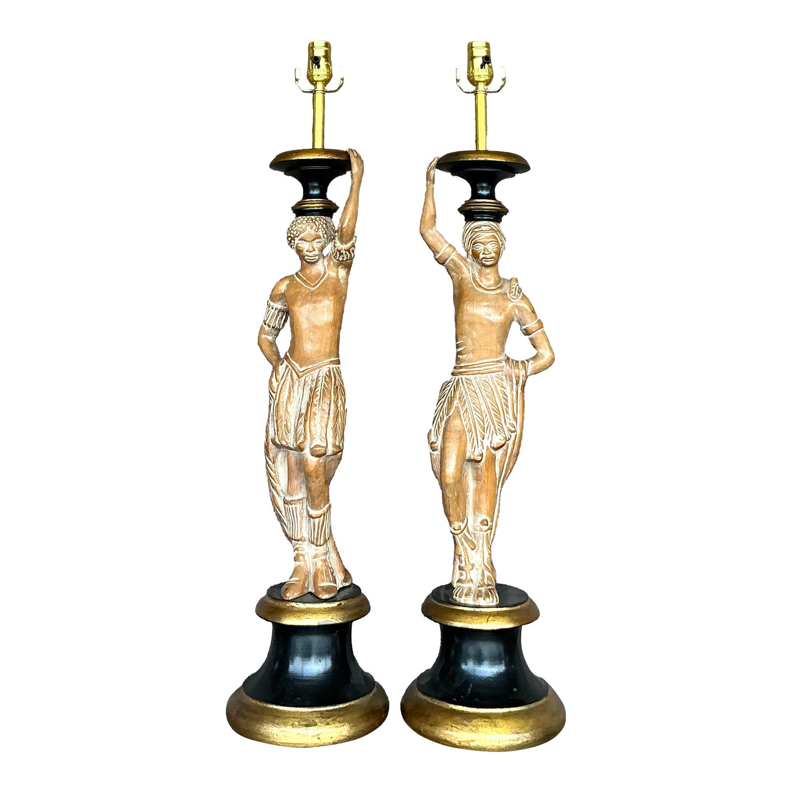 Vintage Boho Carved Figural Lamps - a Pair