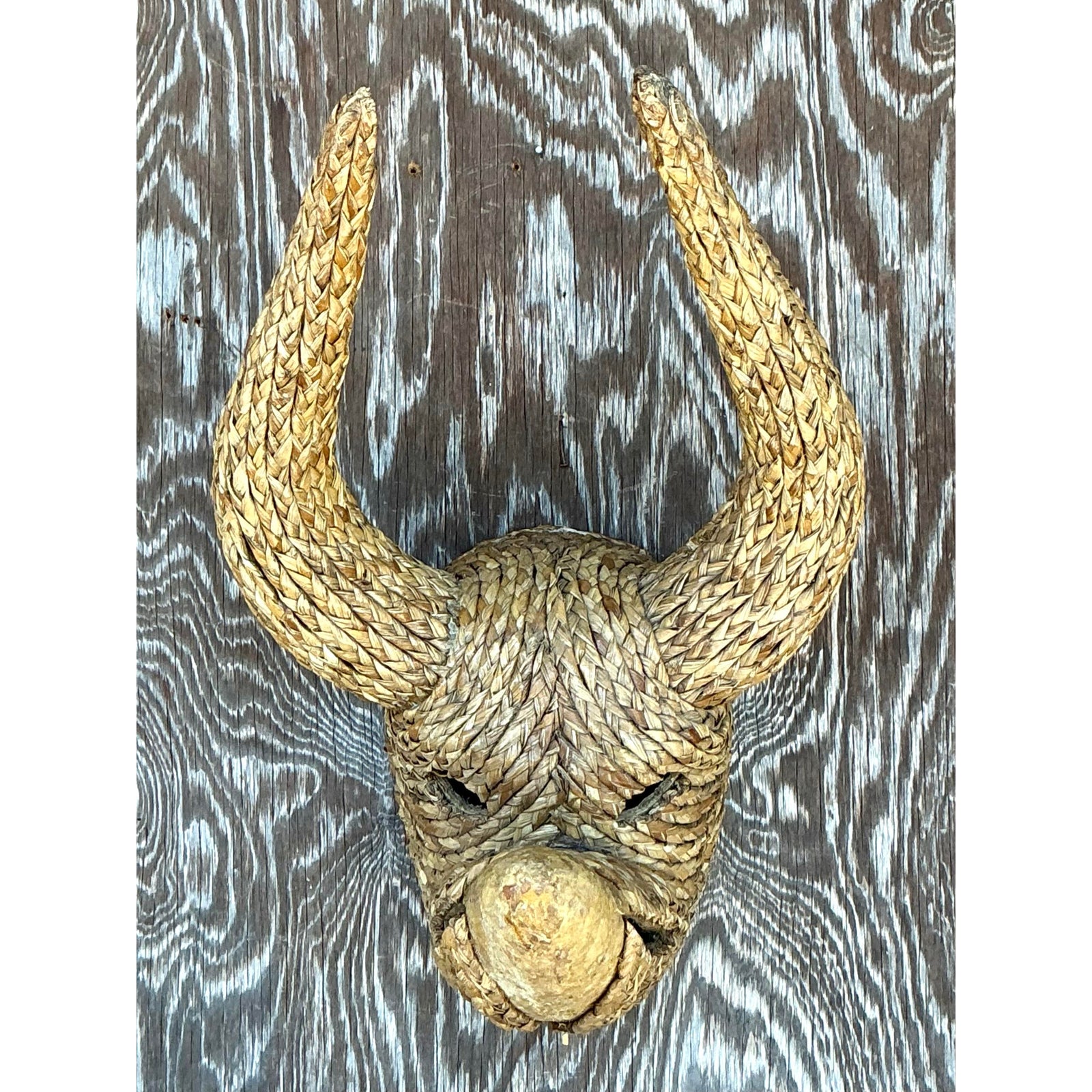 Vintage Boho Woven Rattan Bull - Side view