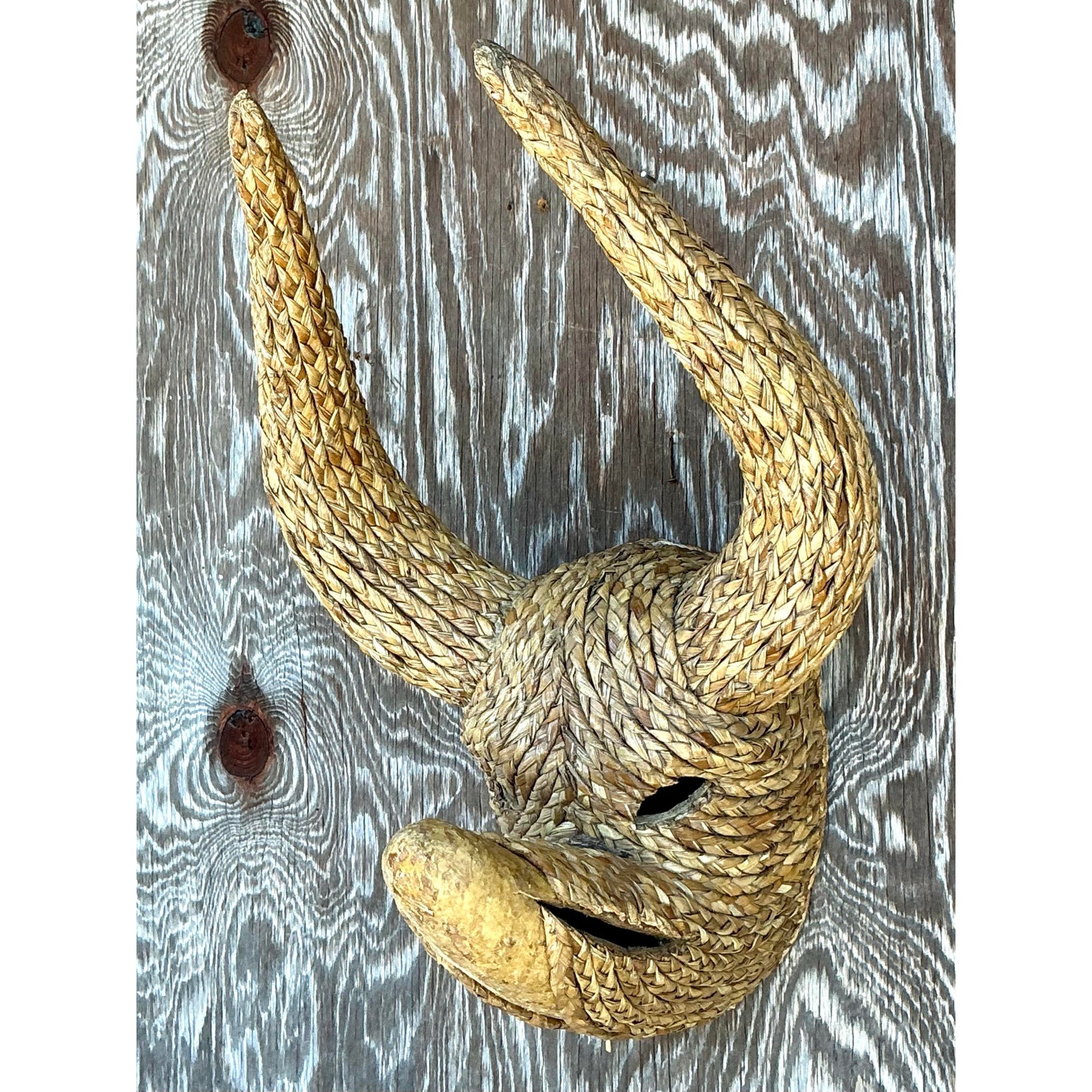 Vintage Boho Woven Rattan Bull - Detail view