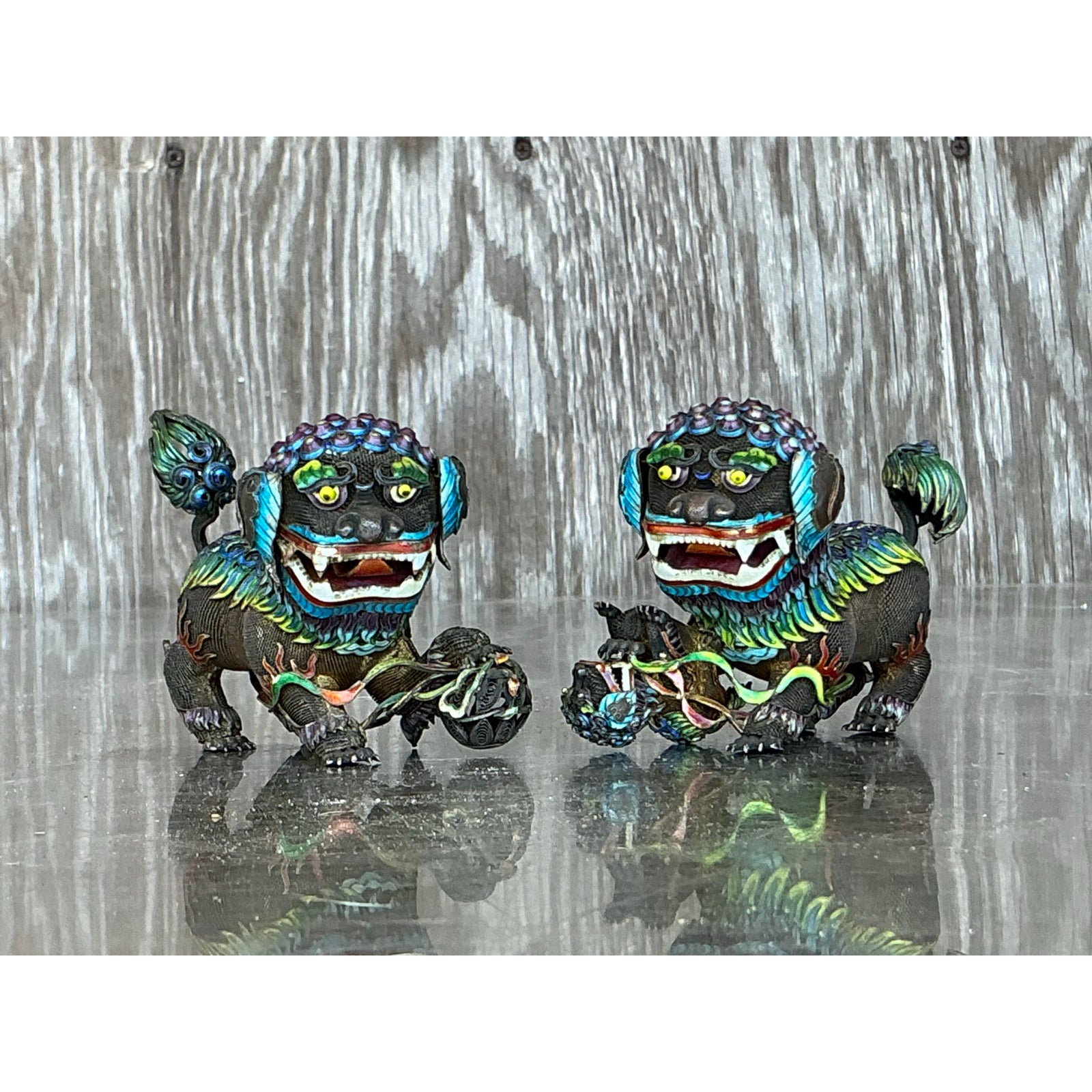 Vintage Chinese Silver 925 Enameled Foo Dogs - Set of 2 - Back view
