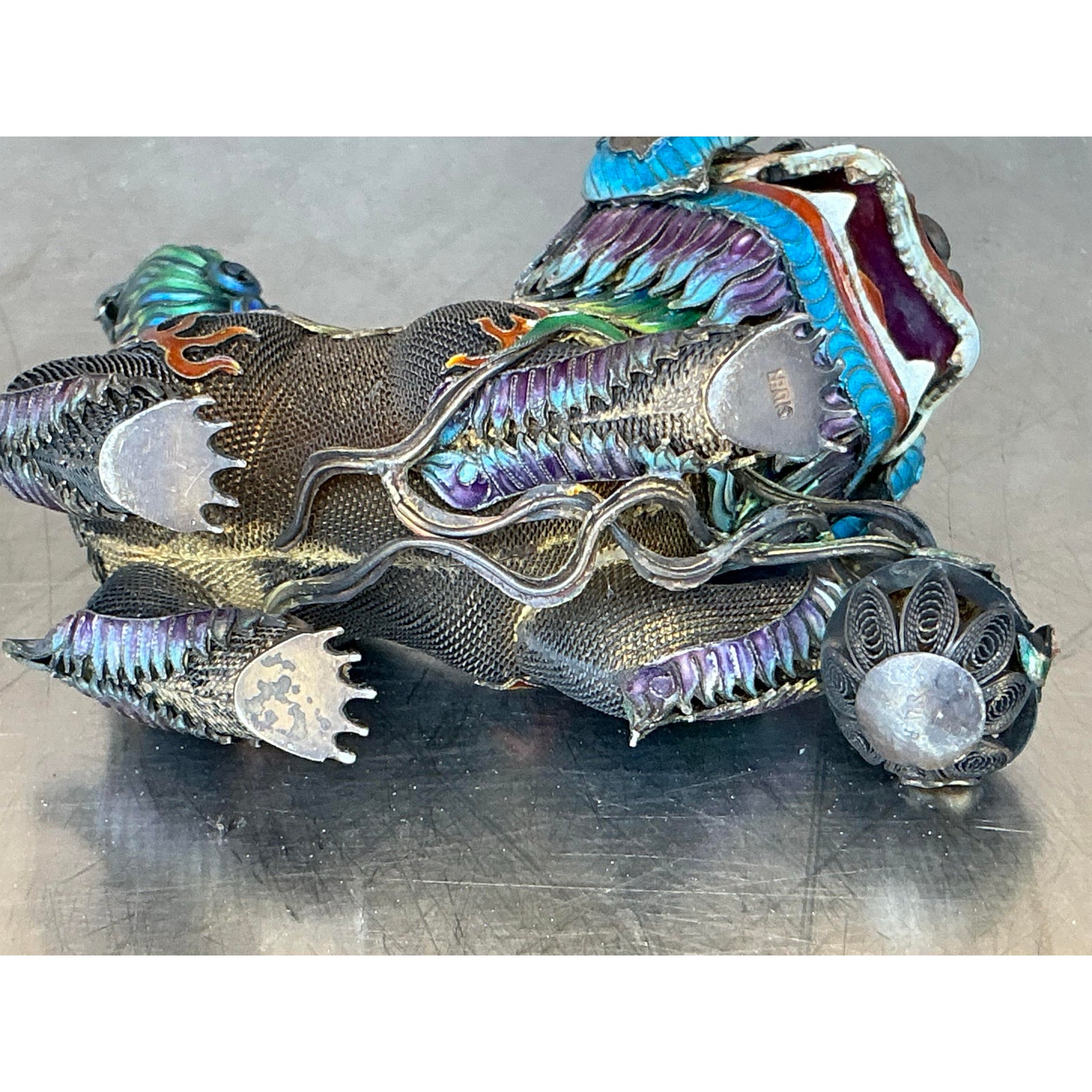Vintage Chinese Silver 925 Enameled Foo Dogs - Set of 2 - Top view