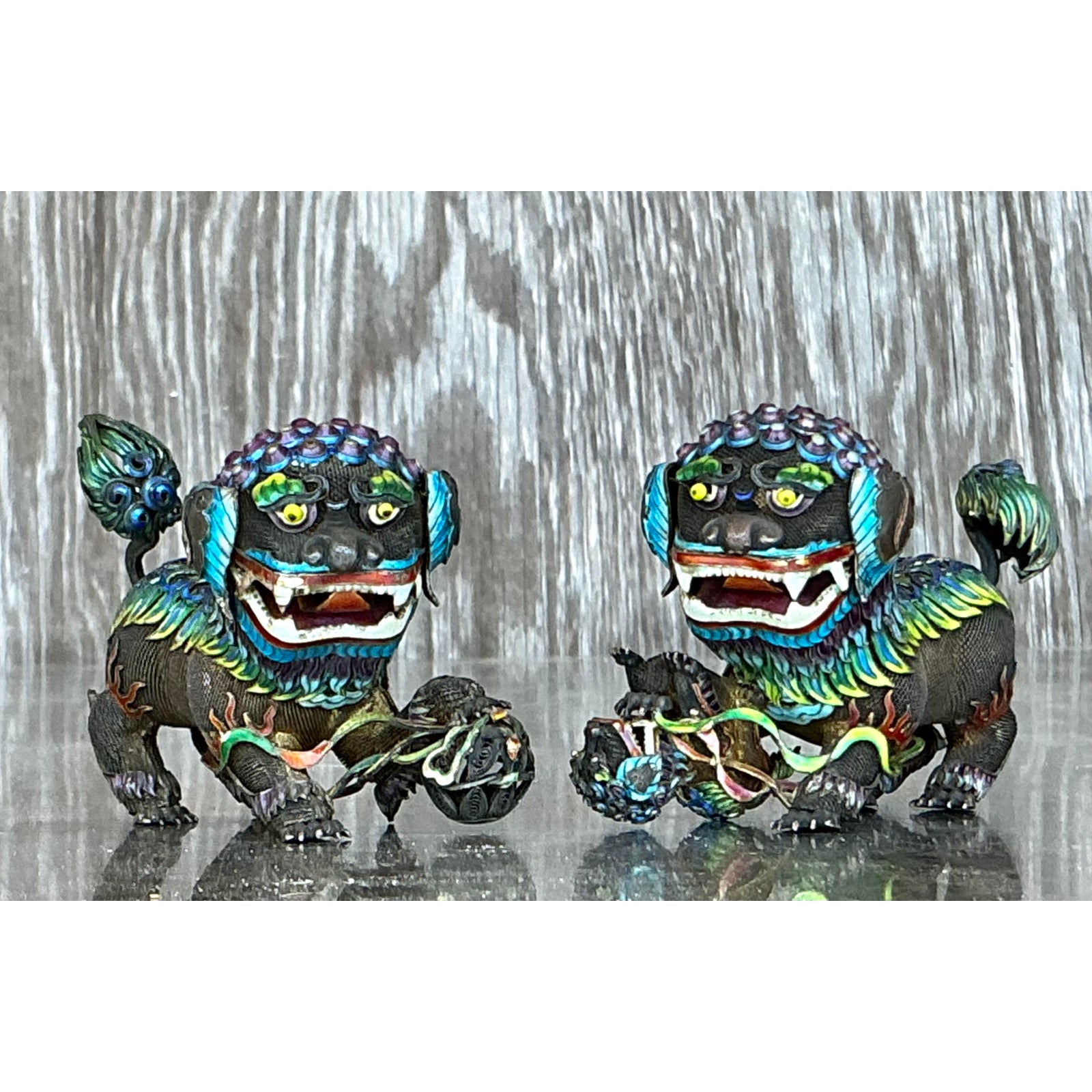 Vintage Chinese Silver 925 Enameled Foo Dogs - Set of 2 - Detail view
