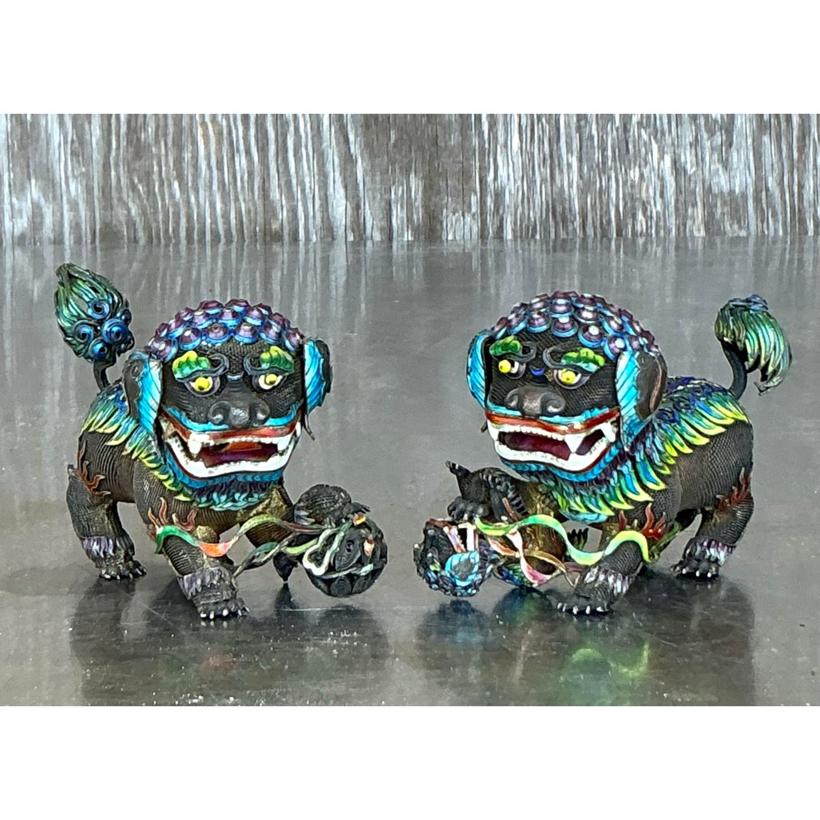Vintage Chinese Silver 925 Enameled Foo Dogs - Set of 2 - Side view