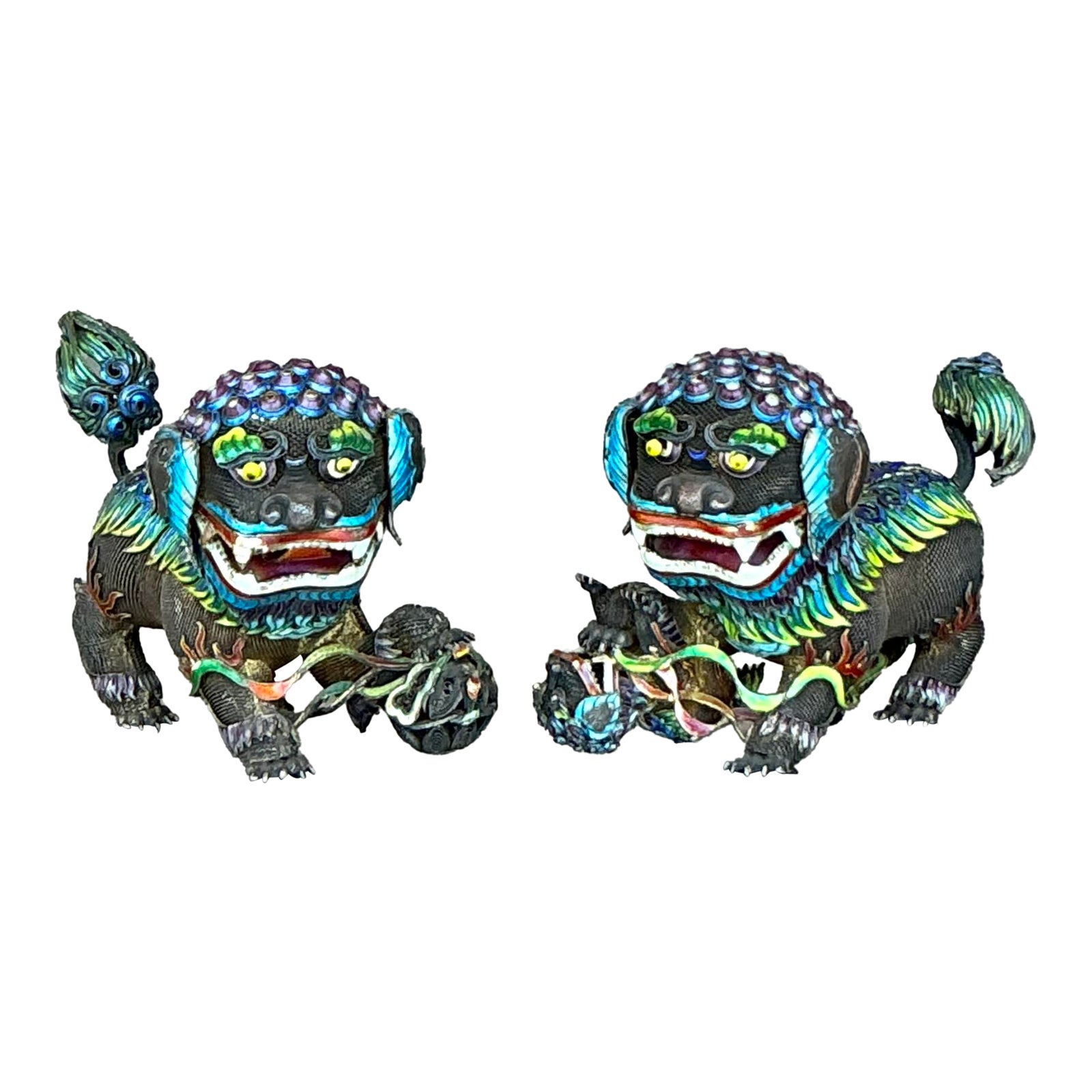 Vintage Chinese Silver 925 Enameled Foo Dogs - Set of 2