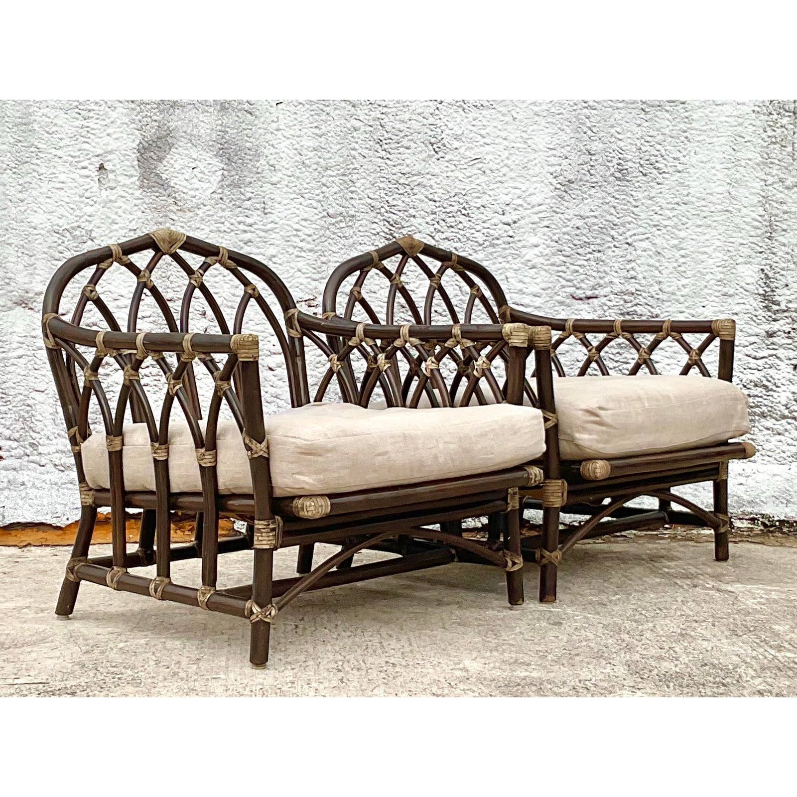 Vintage Coastal Rattan Cathedral Lounge Chairs After McGuire - Set of 2 - Side view