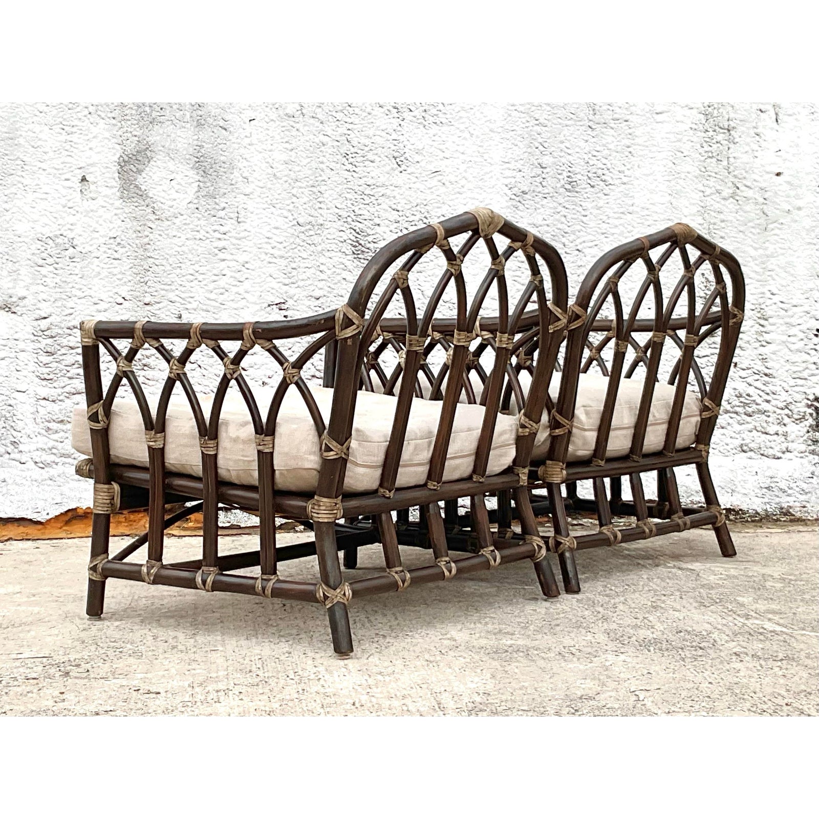 Vintage Coastal Rattan Cathedral Lounge Chairs After McGuire - Set of 2 - Back view