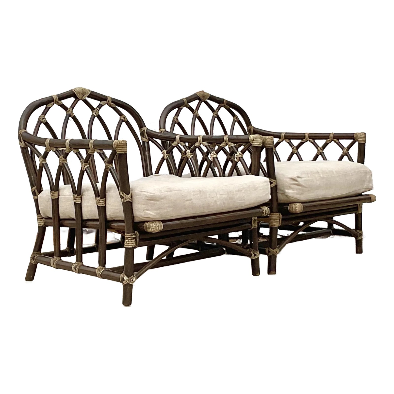 Vintage Coastal Rattan Cathedral Lounge Chairs After McGuire - Set of 2