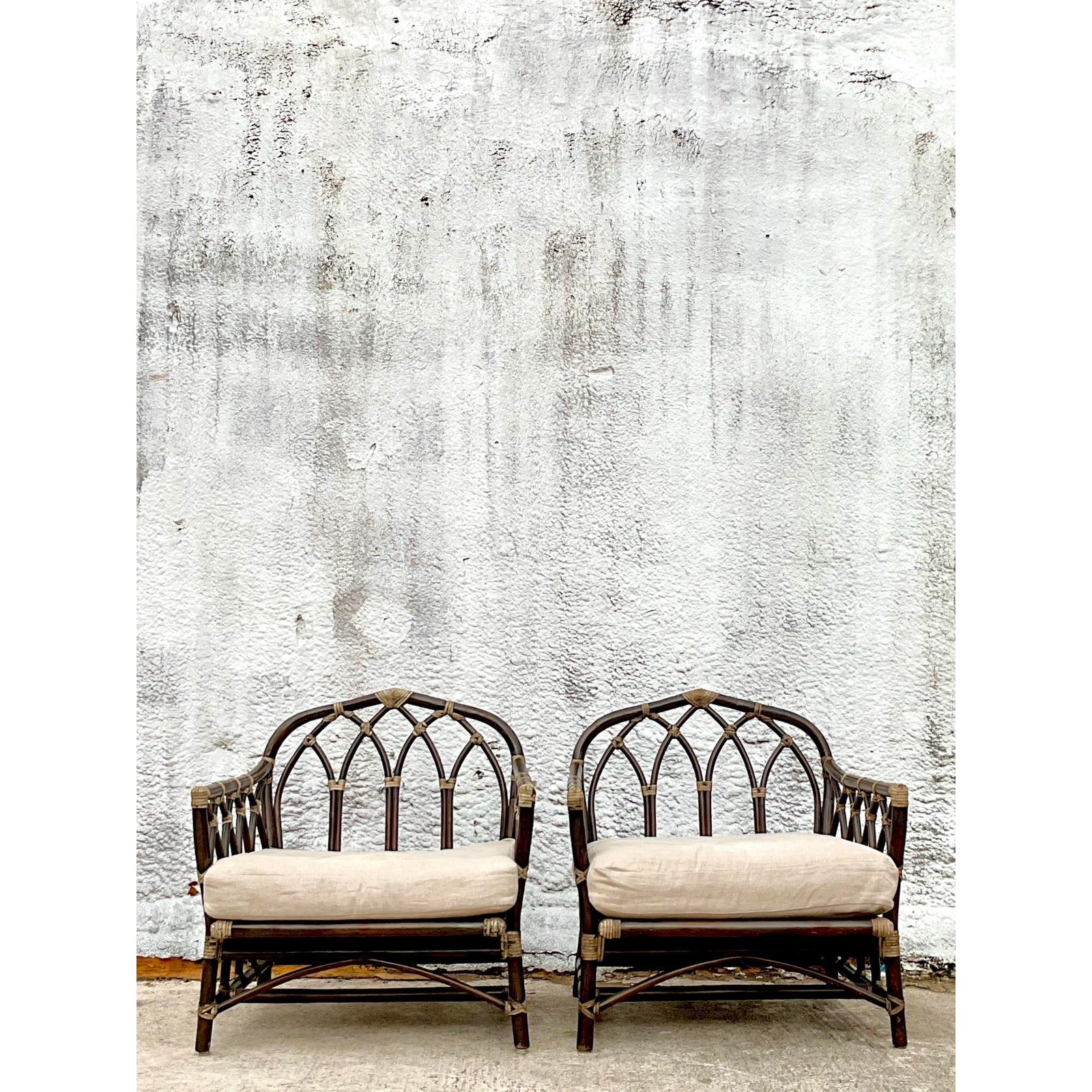 Vintage Coastal Rattan Cathedral Lounge Chairs After McGuire - Set of 2 - Top view