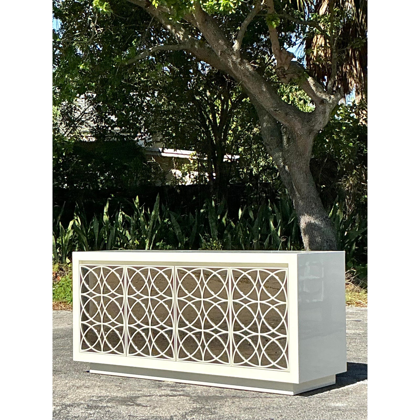 Vintage Regency Fretwork Credenza With Mirrored Front - Detail view
