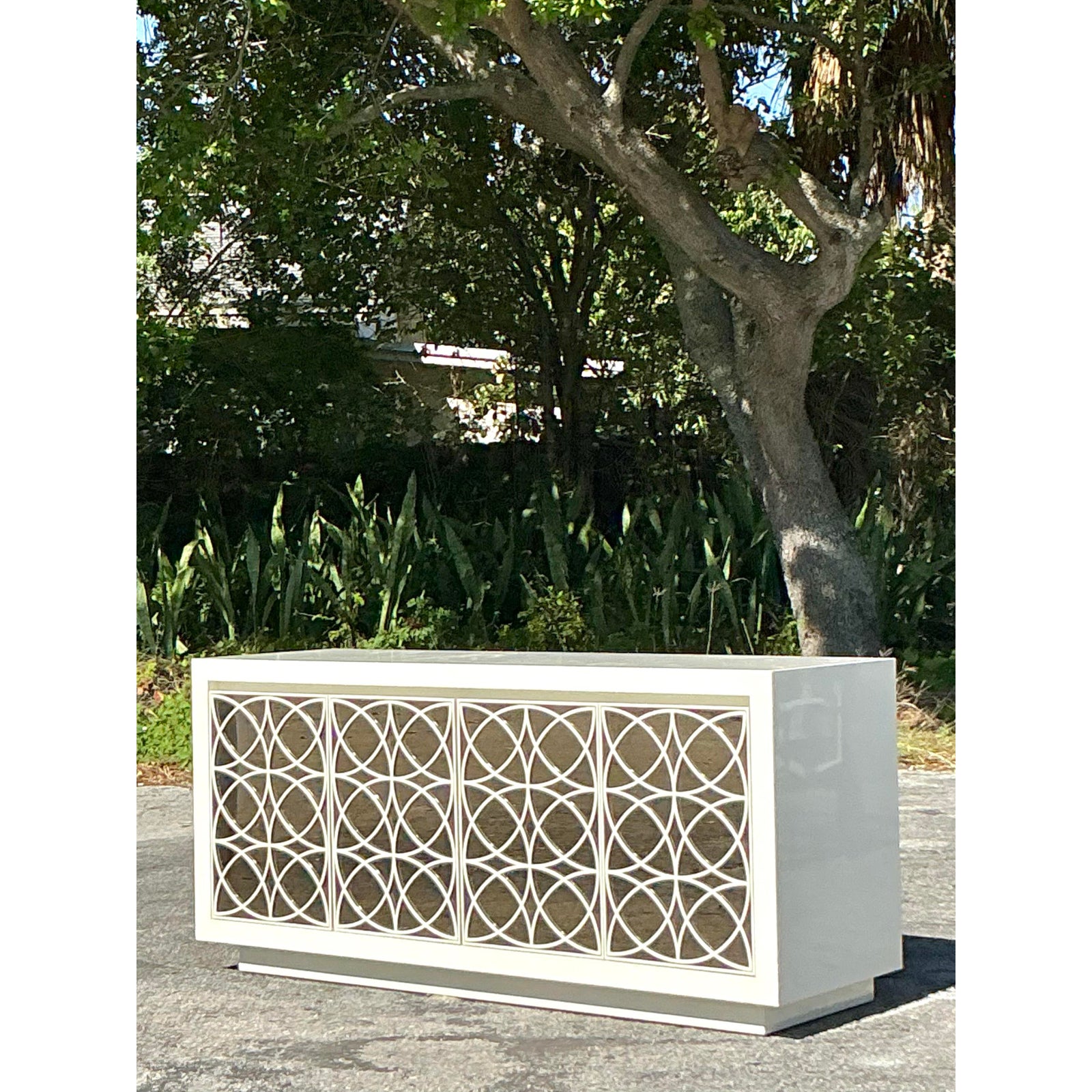 Vintage Regency Fretwork Credenza With Mirrored Front - Side view