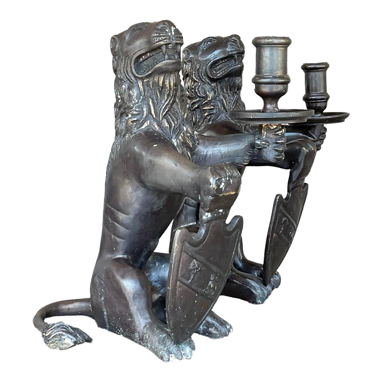 Vintage Boho Sarreid Bronze Heraldic Lion Candlesticks - A Pair
