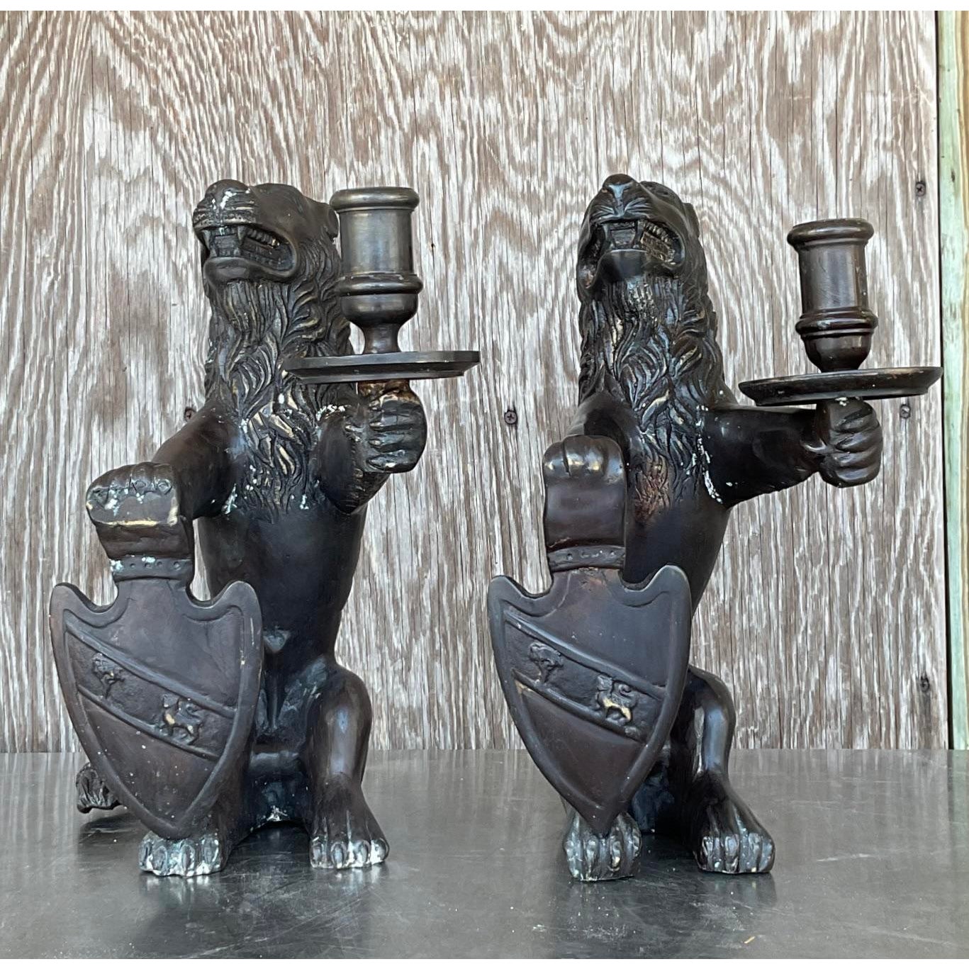 Vintage Boho Sarreid Bronze Heraldic Lion Candlesticks - A Pair - Side view