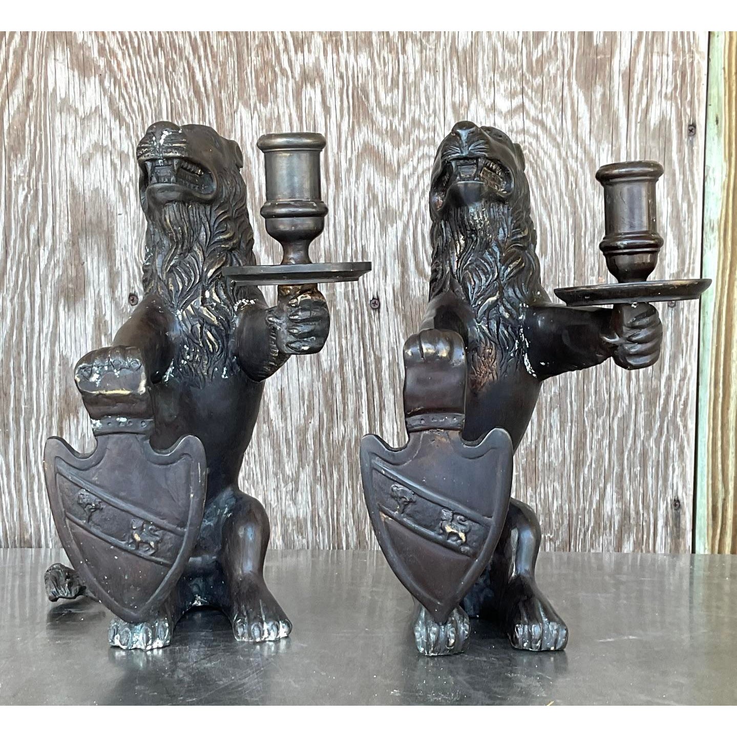 Vintage Boho Sarreid Bronze Heraldic Lion Candlesticks - A Pair - Back view