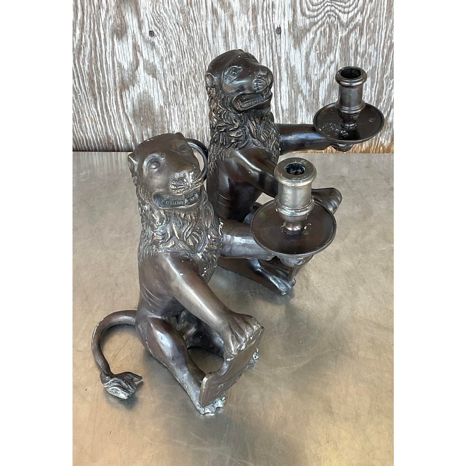 Vintage Boho Sarreid Bronze Heraldic Lion Candlesticks - A Pair - Top view
