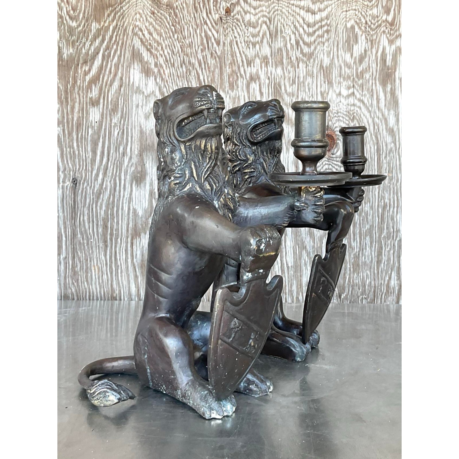 Vintage Boho Sarreid Bronze Heraldic Lion Candlesticks - A Pair - Detail view