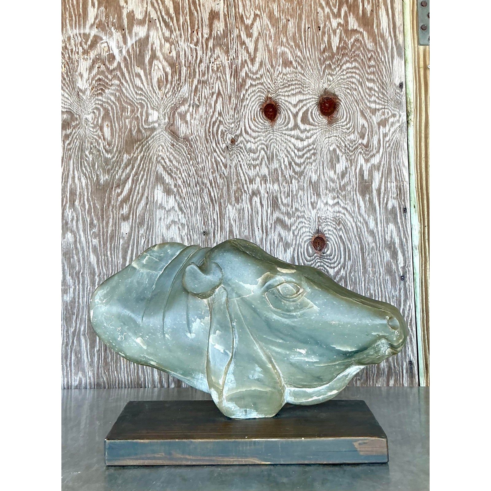 Late 20th Century Vintage Boho Carved Soapstone Cow Bust - Side view