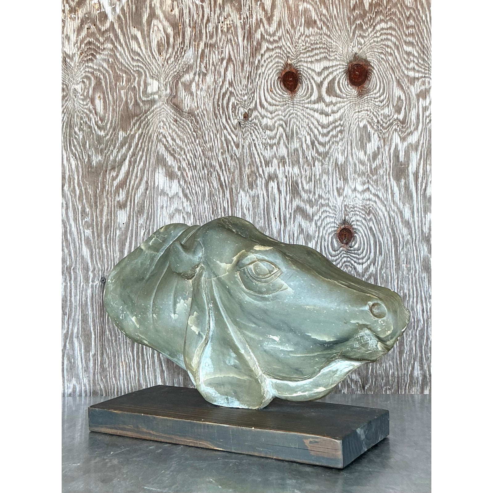 Late 20th Century Vintage Boho Carved Soapstone Cow Bust - Back view