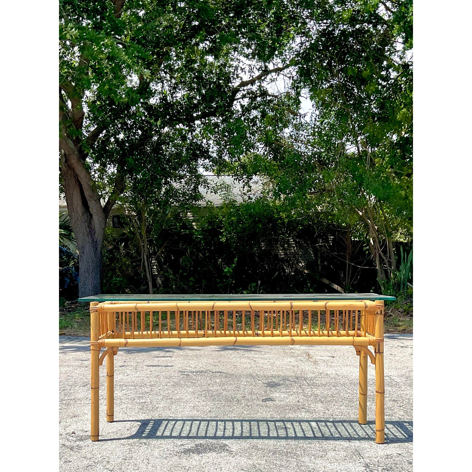 Vintage Coastal Bamboo Console Table - Top view
