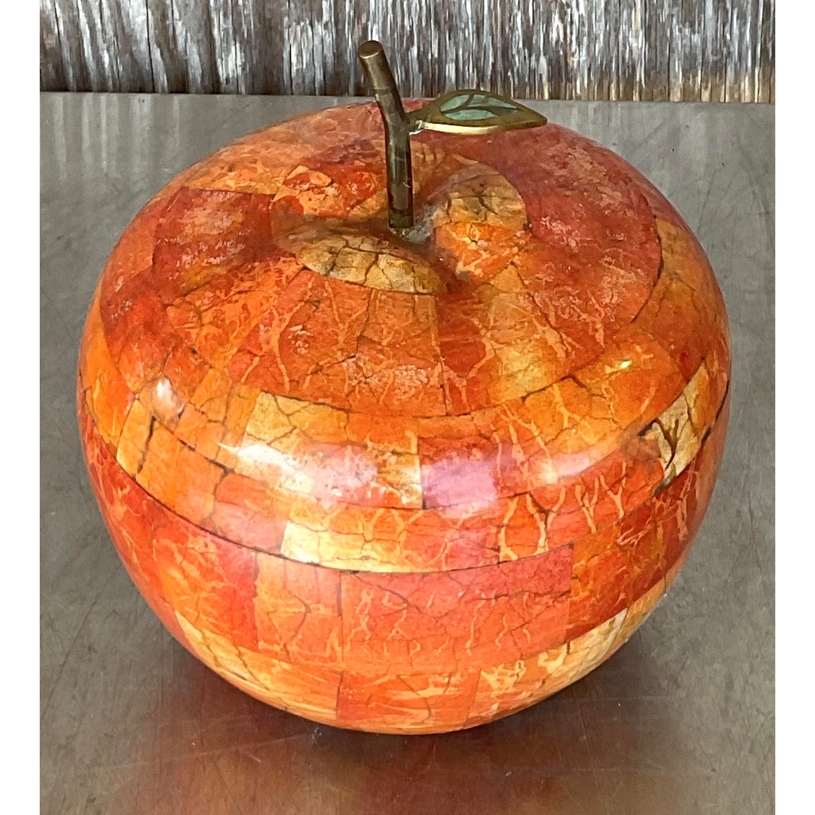 Vintage Boho Maitland Smith Tessellated Stone Apple Lidded Box - Side view