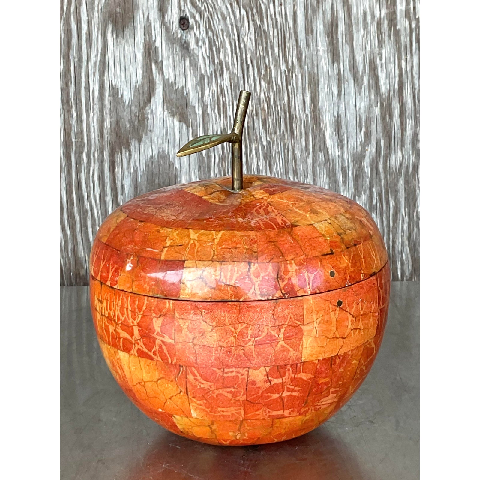 Vintage Boho Maitland Smith Tessellated Stone Apple Lidded Box - Back view