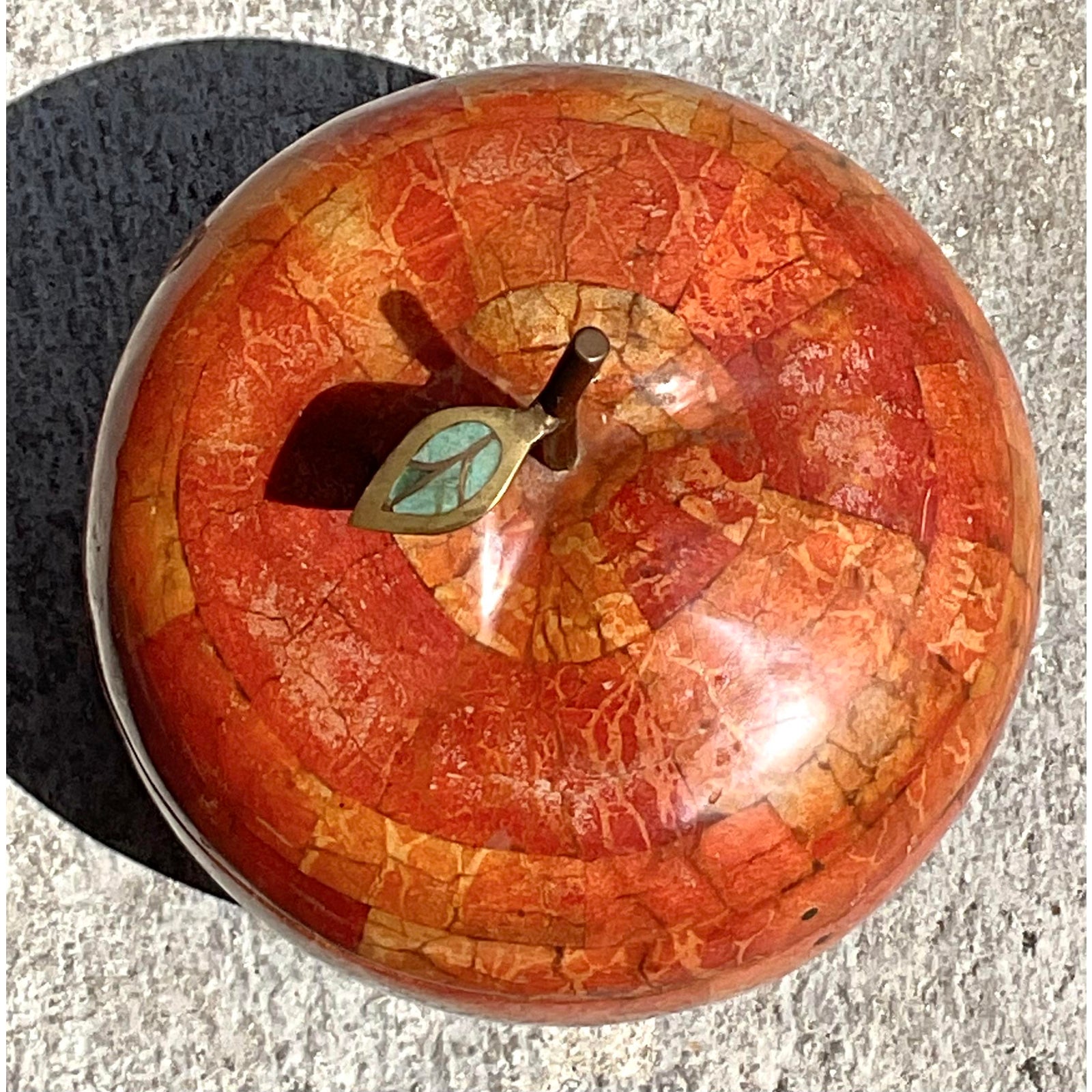 Vintage Boho Maitland Smith Tessellated Stone Apple Lidded Box - Top view