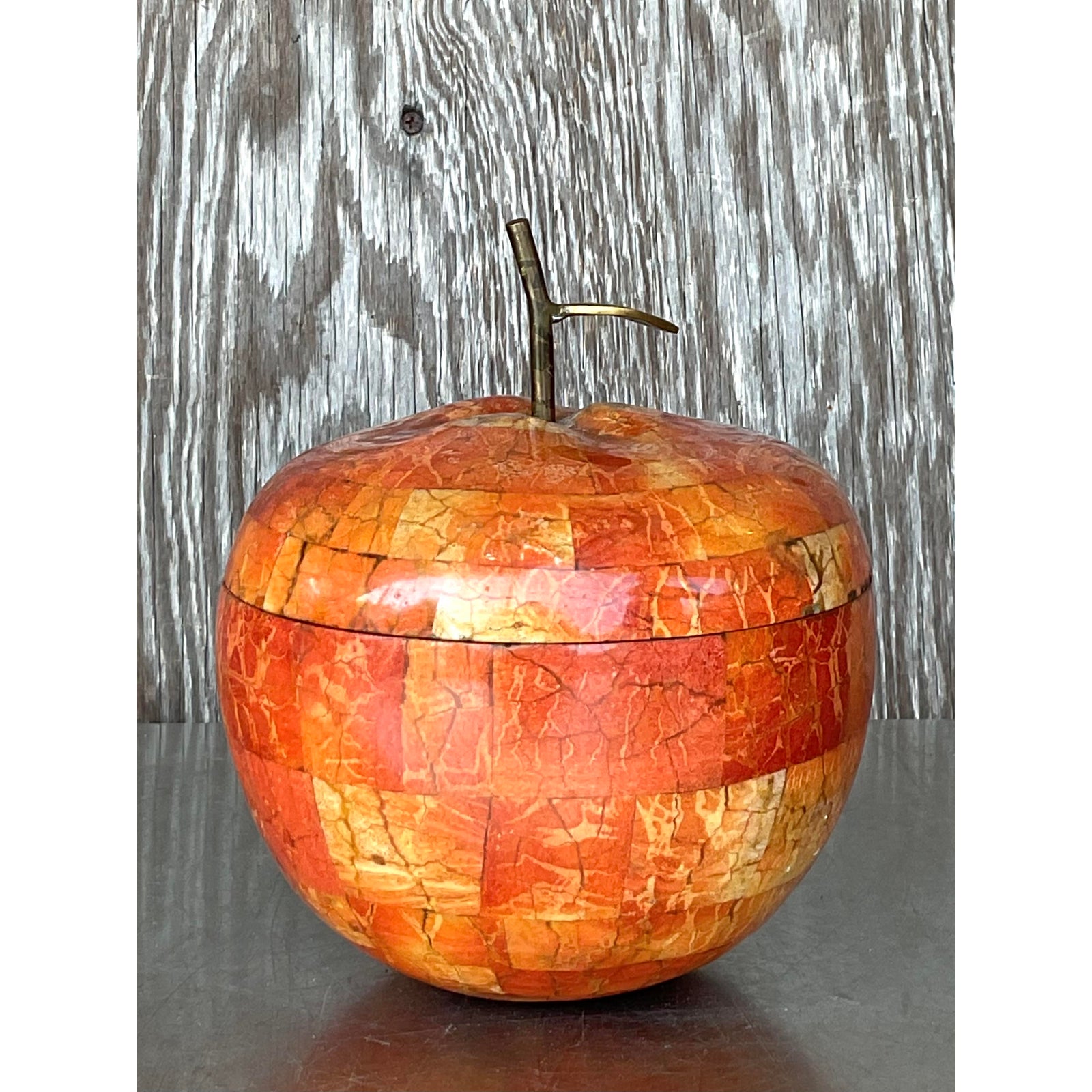 Vintage Boho Maitland Smith Tessellated Stone Apple Lidded Box - Detail view