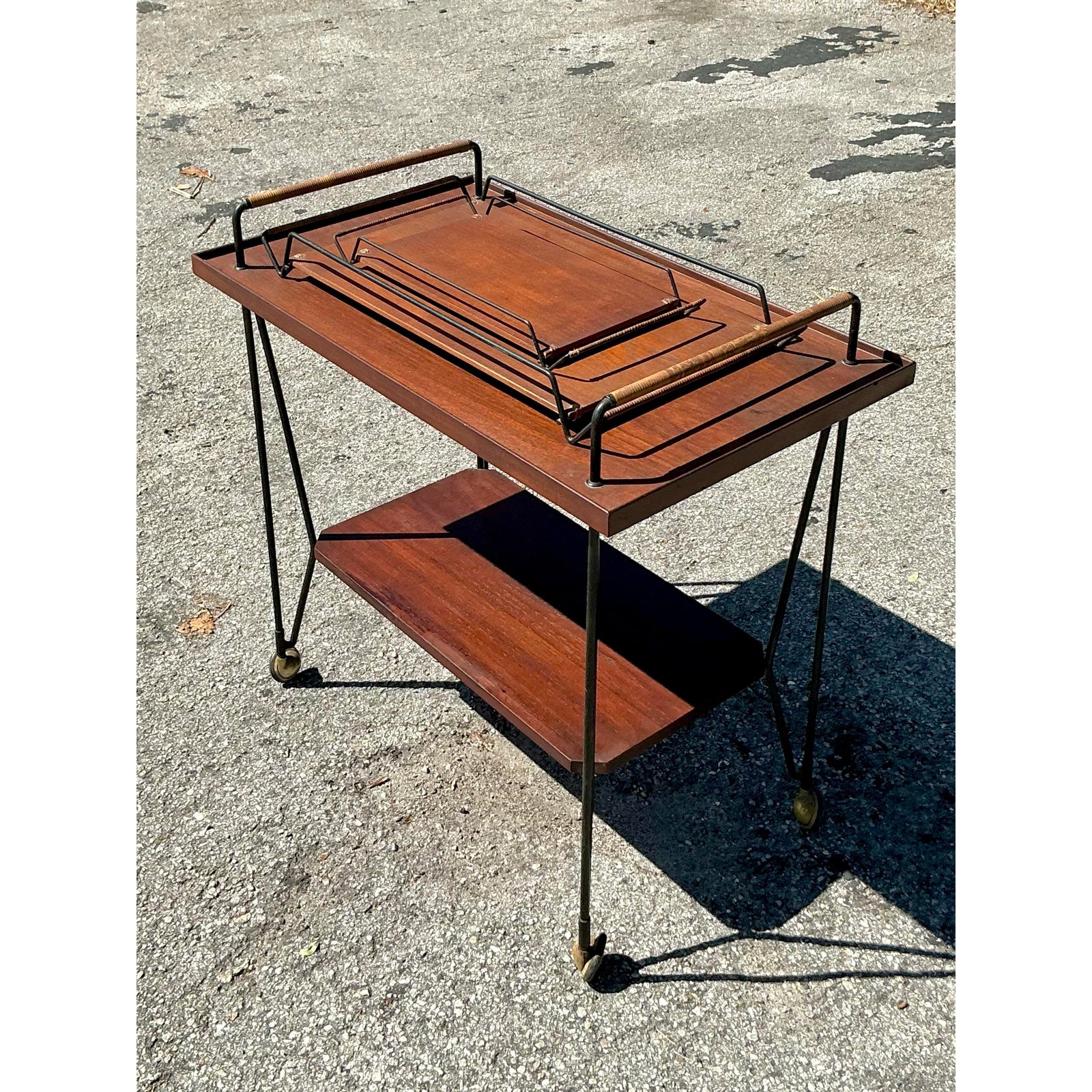 Vintage Swedish Teak Bar Cart With Serving Trays - Set of 3 - Detail view