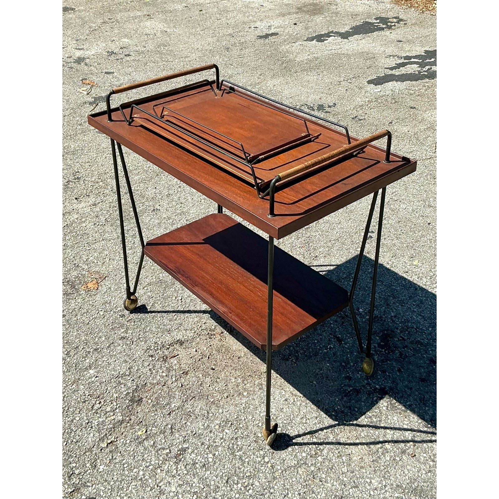 Vintage Swedish Teak Bar Cart With Serving Trays - Set of 3 - Side view