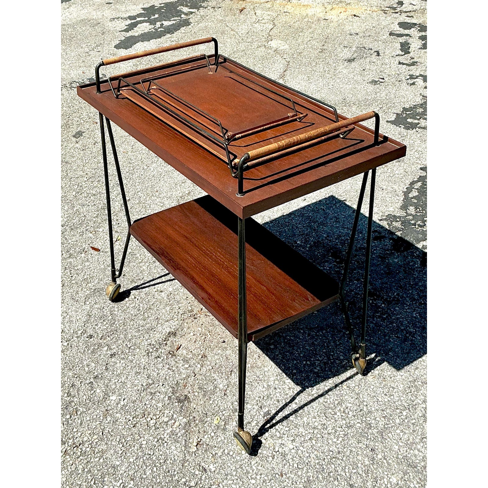 Vintage Swedish Teak Bar Cart With Serving Trays - Set of 3 - Back view