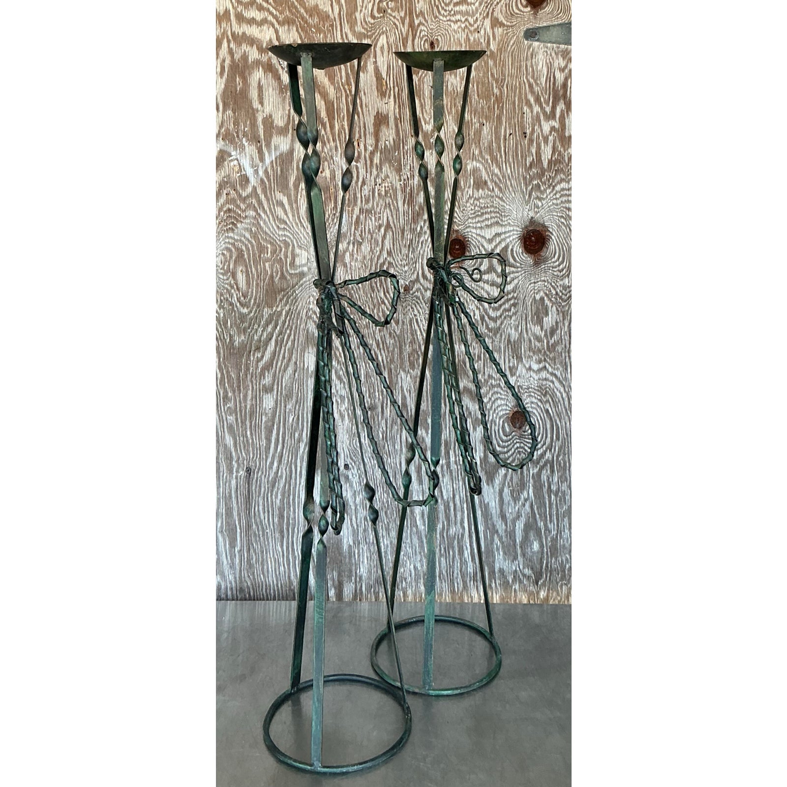 Vintage Boho Wrought Iron Bow Candlesticks- A Pair - Detail view