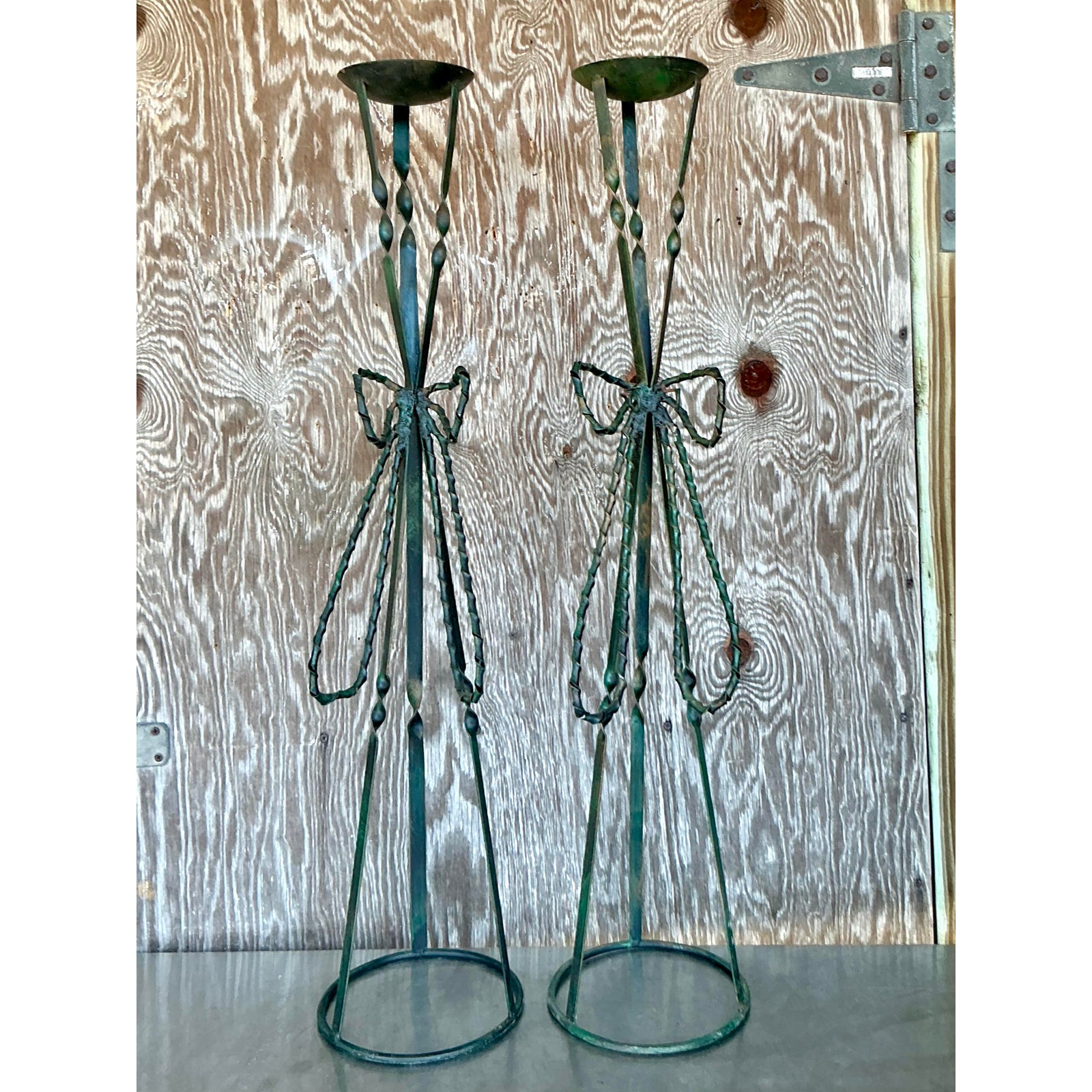 Vintage Boho Wrought Iron Bow Candlesticks- A Pair - Side view