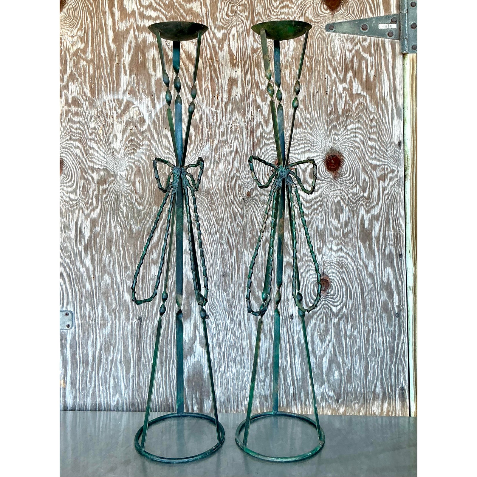 Vintage Boho Wrought Iron Bow Candlesticks- A Pair - Top view