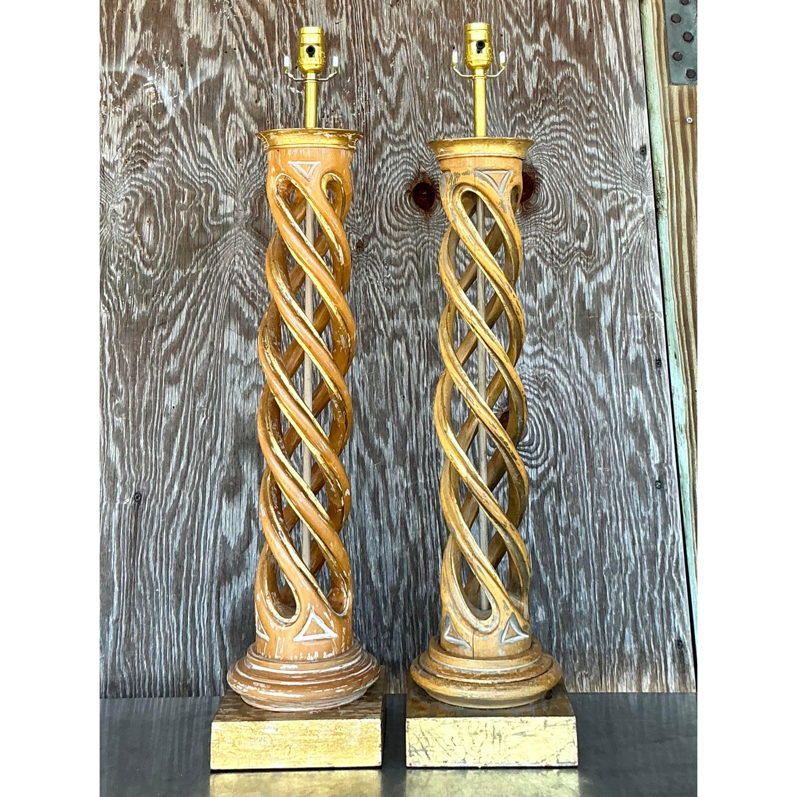 Vintage Boho Gilt Tipped Twist Lamps - A Pair - Side view