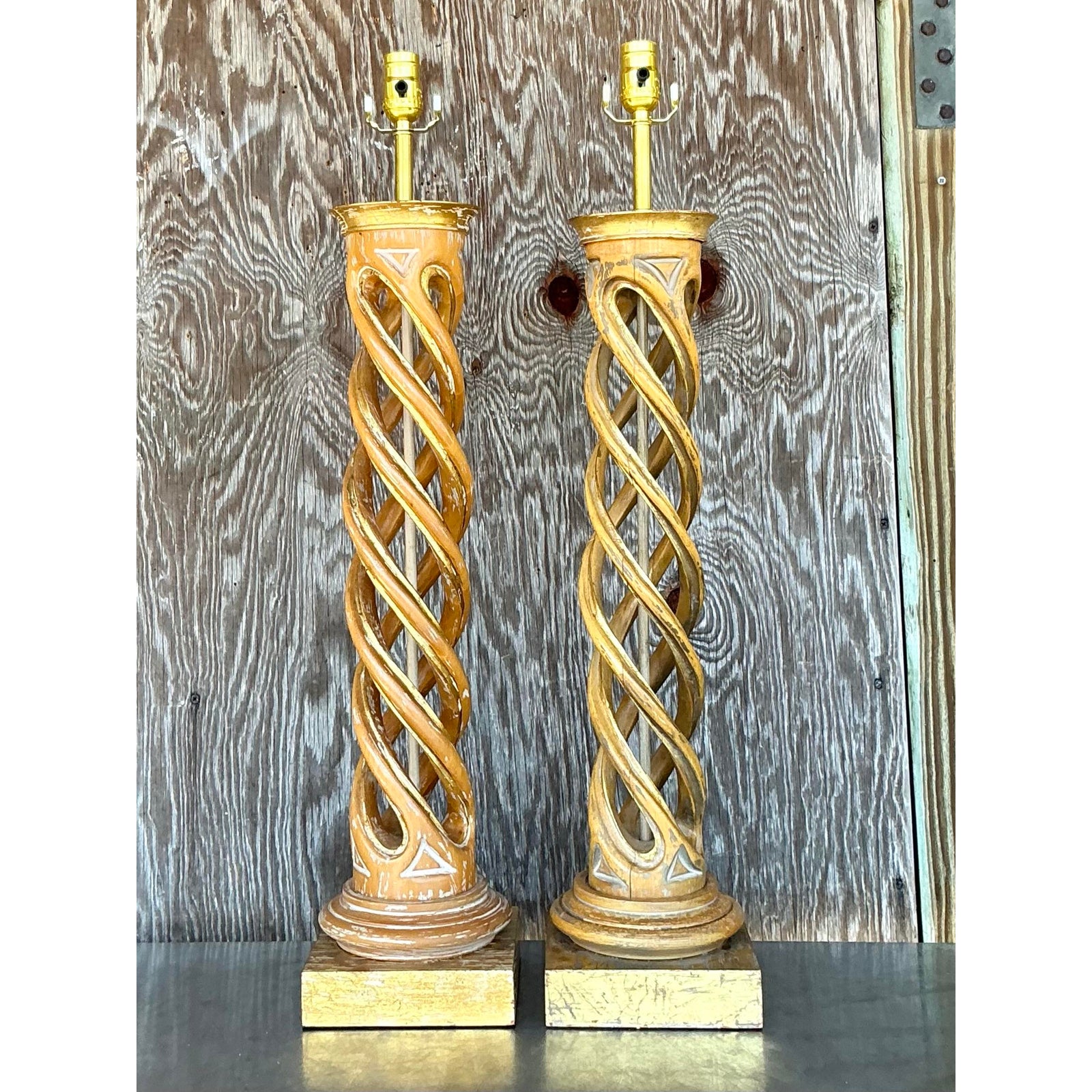 Vintage Boho Gilt Tipped Twist Lamps - A Pair - Back view